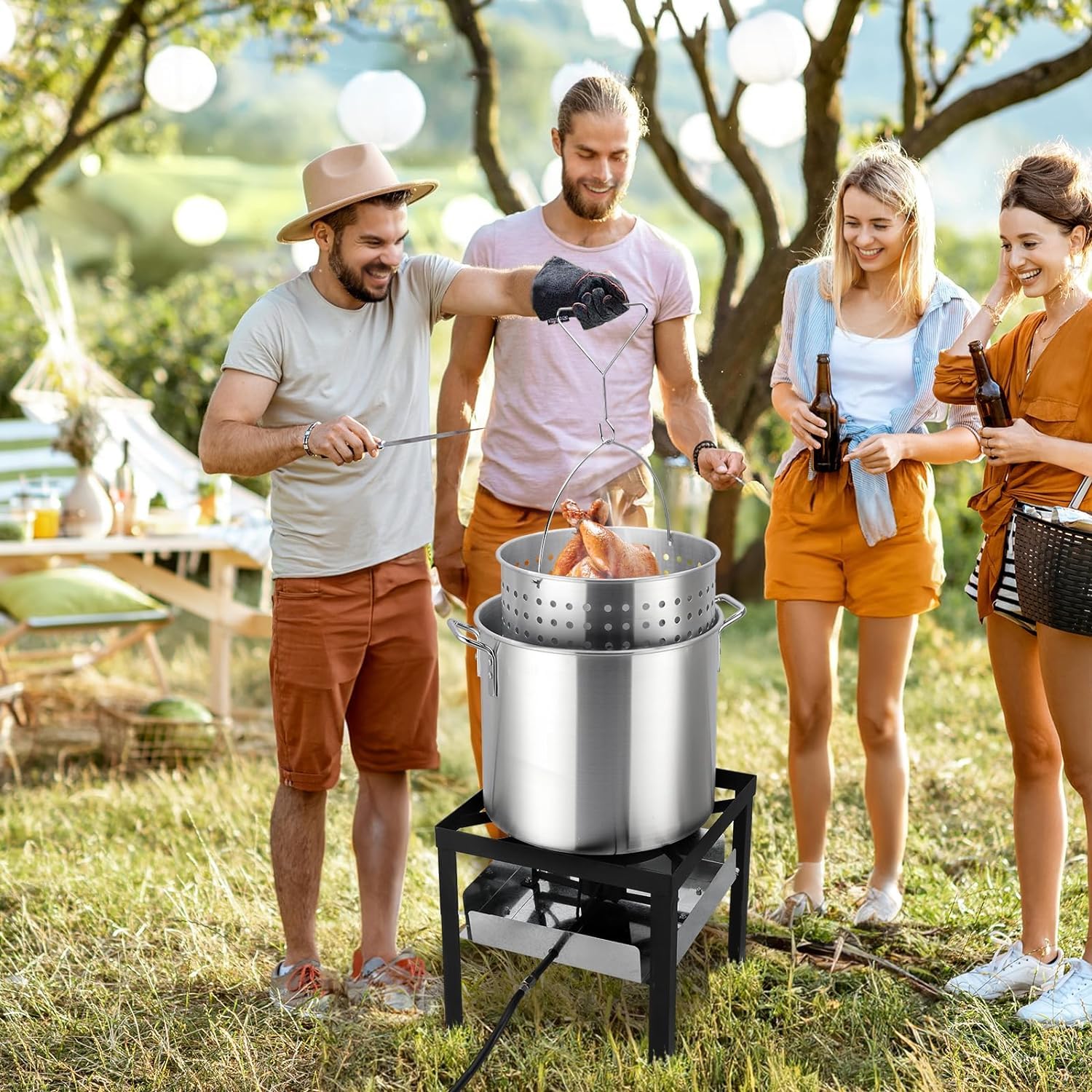 ROVSUN 60QT Propane Turkey Fryer with 150,000BTU Burner - Aluminum Seafood Boiler, Crawfish Steamer & Deep Fryer Kit with Basket, 10PSI CSA Certified Regulator & Lifting Hook - Perfect for Outdoor Cooking, Backyard Parties, Camping & Large Gatherings