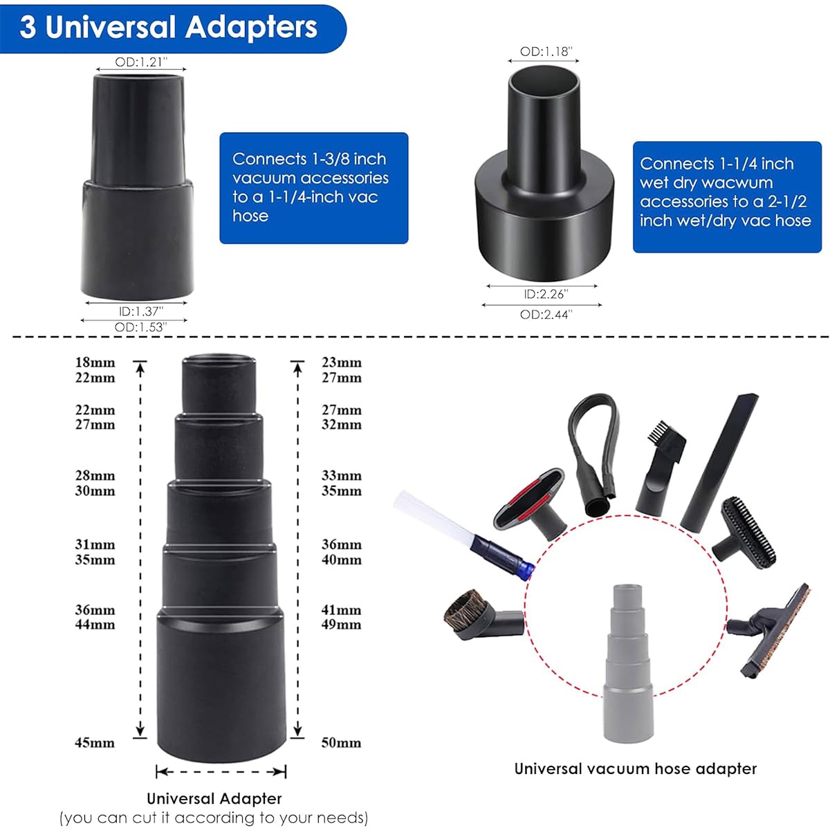 15-Piece Universal Vacuum Cleaner Attachment Kit with Brushes & Hose Adapters (2.5