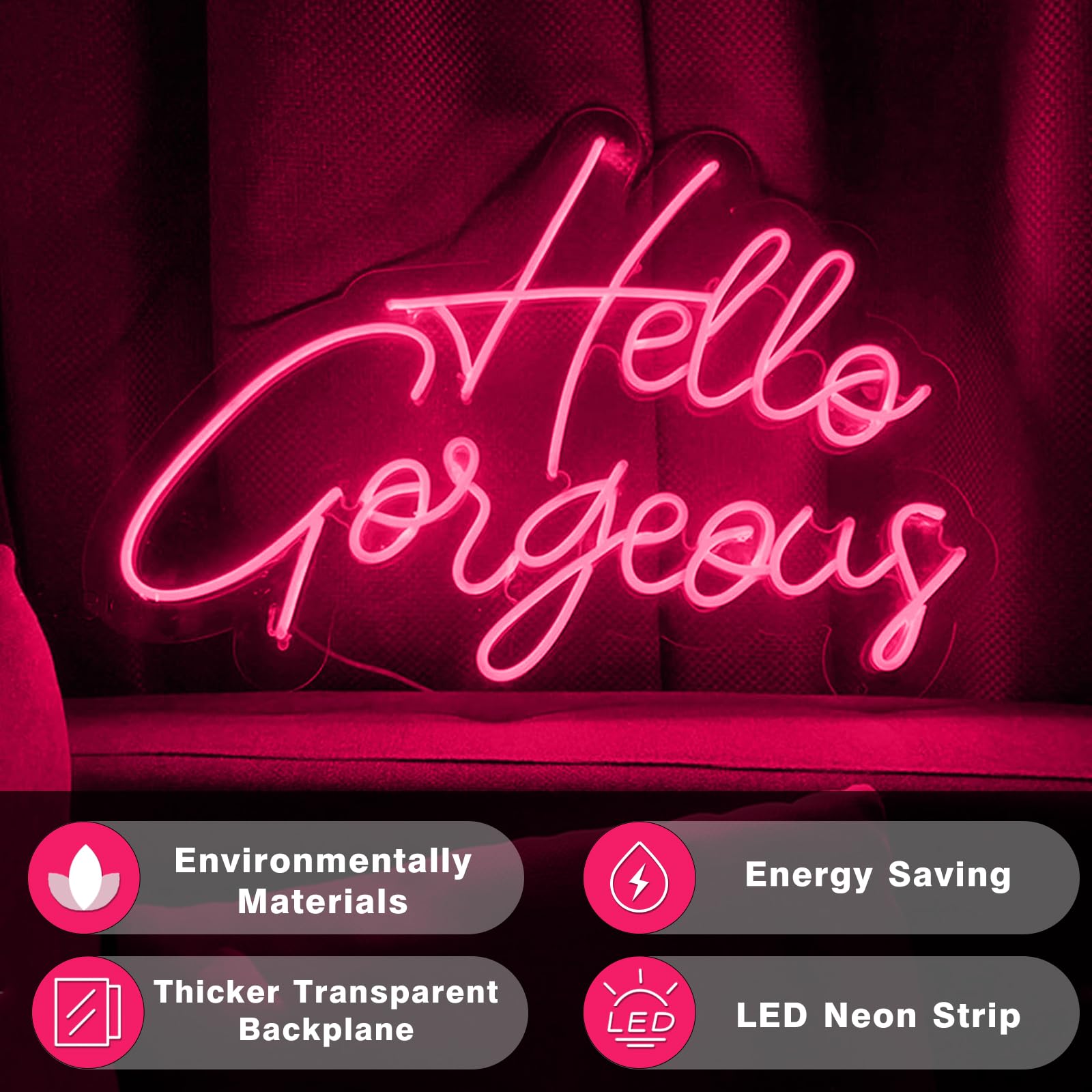 Custom Pink LED Neon Sign - Hello Gorgeous Wall Decor for Bedroom, Wedding, Party Room | Energy-Efficient Dimmable Neon Light for Home, Bar, Cafe (Pink-02)