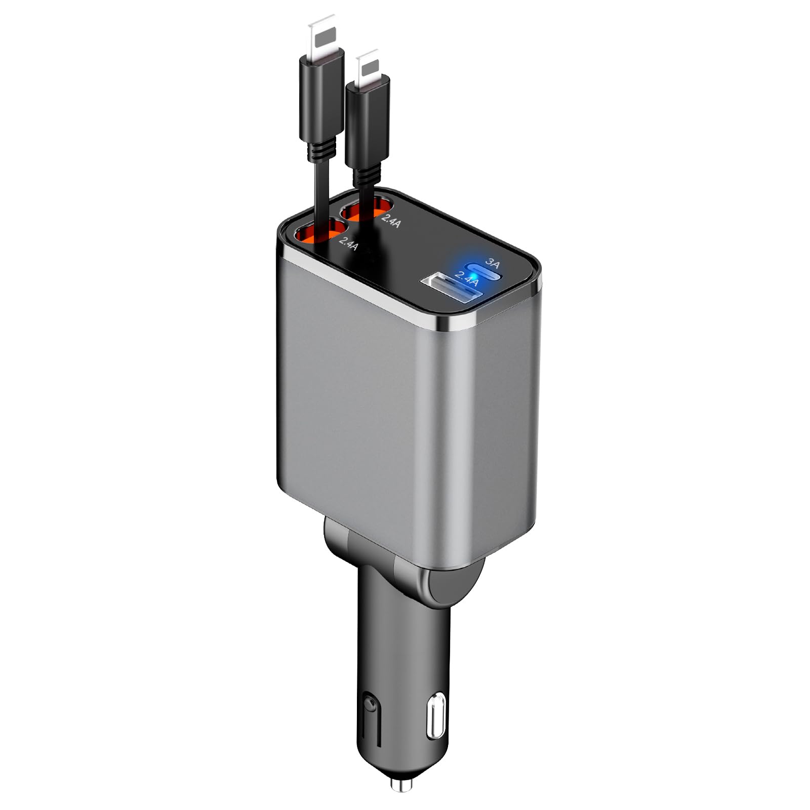 Paiholy 4-in-1 Retractable Car Charger with Dual iOS Cables & 2 USB Ports - Super Fast Mini Car Charger for iPhone 15/14/13 Pro Max/Samsung/Pixel - Perfect for Road Trips & Daily Commuting