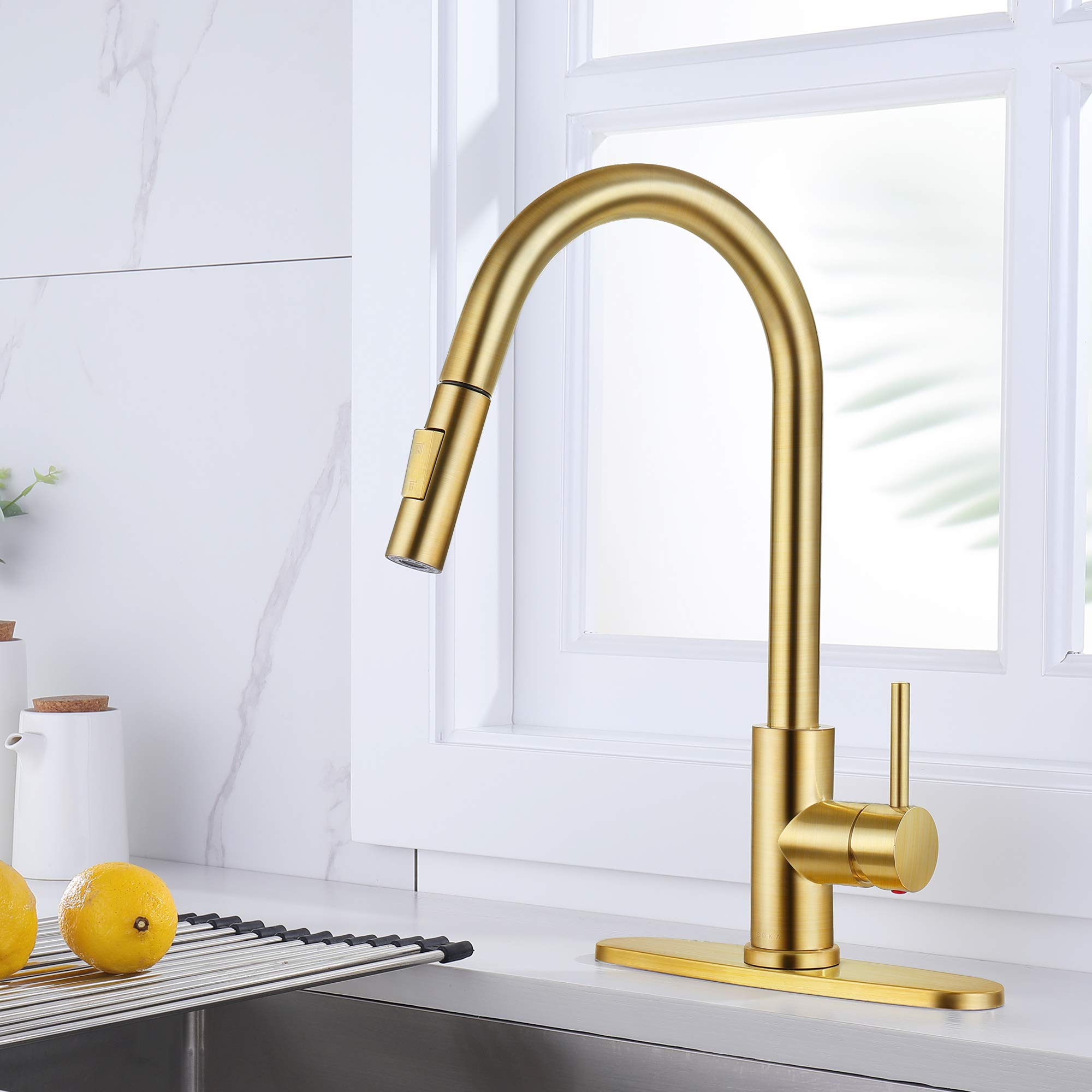 SOKA Commercial Kitchen Faucet with Pull Down Sprayer - RV Touch Faucet for Kitchen Sink, Single Handle High Arc Gold Faucet for Travel Trailers - Fits 1 & 3 Hole with Deck Plate - Perfect for RV, Tiny Homes & Mobile Kitchens
