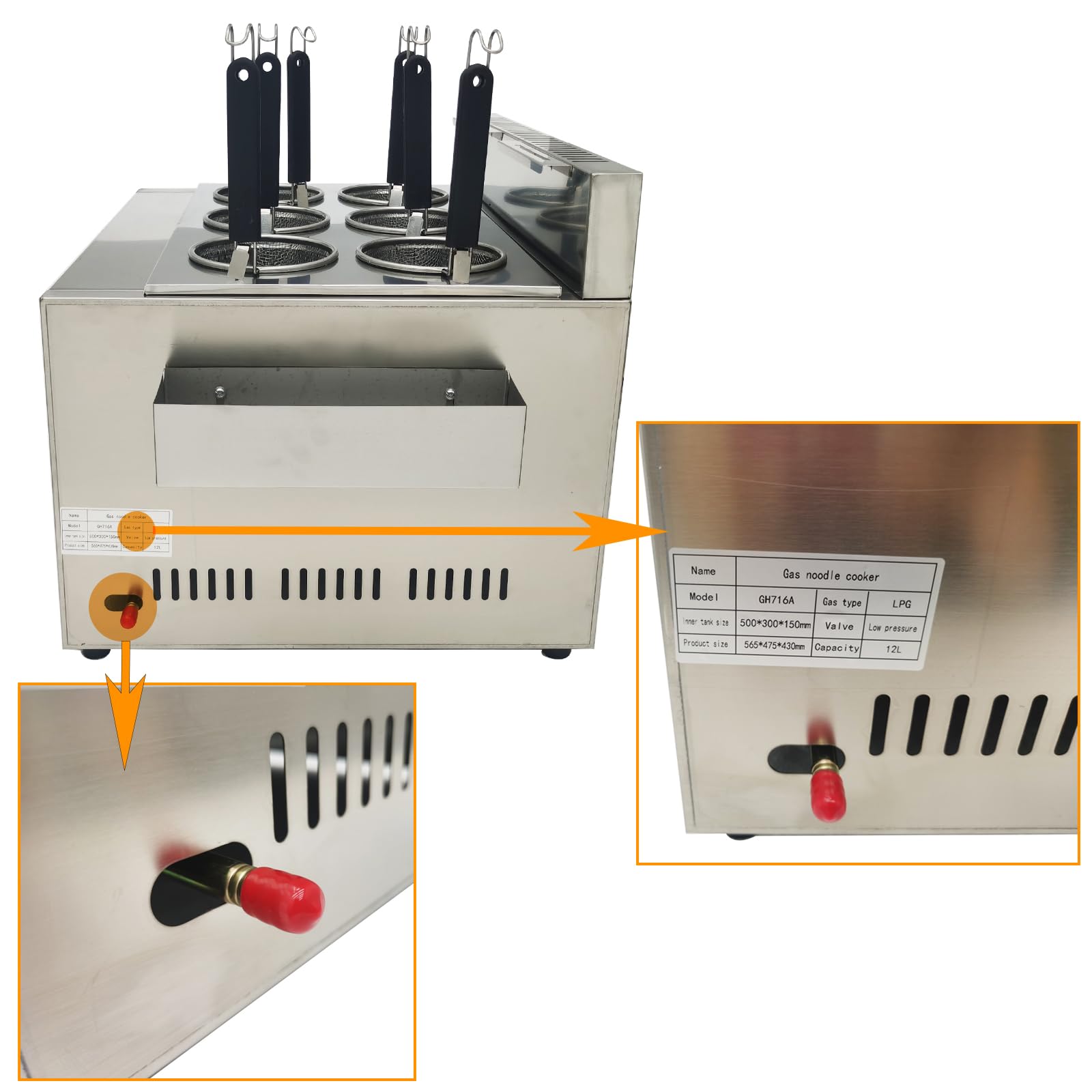 Commercial 6-Basket Pasta Cooker Machine - 12L (3.17Gal) Capacity, 2800Pa LP Gas Noodle Cooker for Restaurants & Catering - Perfect for Spaghetti, Ramen & Bulk Pasta Cooking