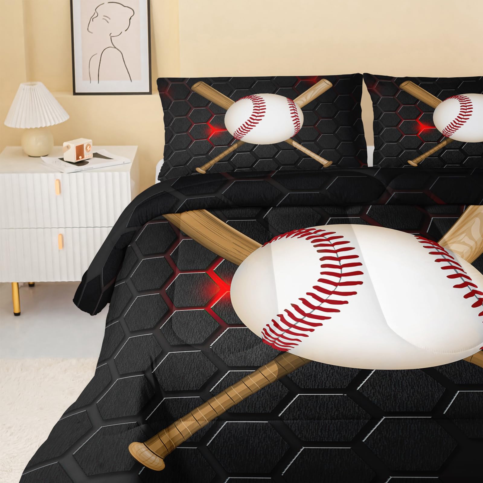 QOOMO Baseball Comforter Set for Kids & Teens - Twin Size Black Microfiber 3-Piece Bedding with 1 Comforter & 2 Pillowcases - Soft, Lightweight Boys' Sports Theme Bed Set - Perfect for Bedrooms, Sleepovers, and Baseball Fans