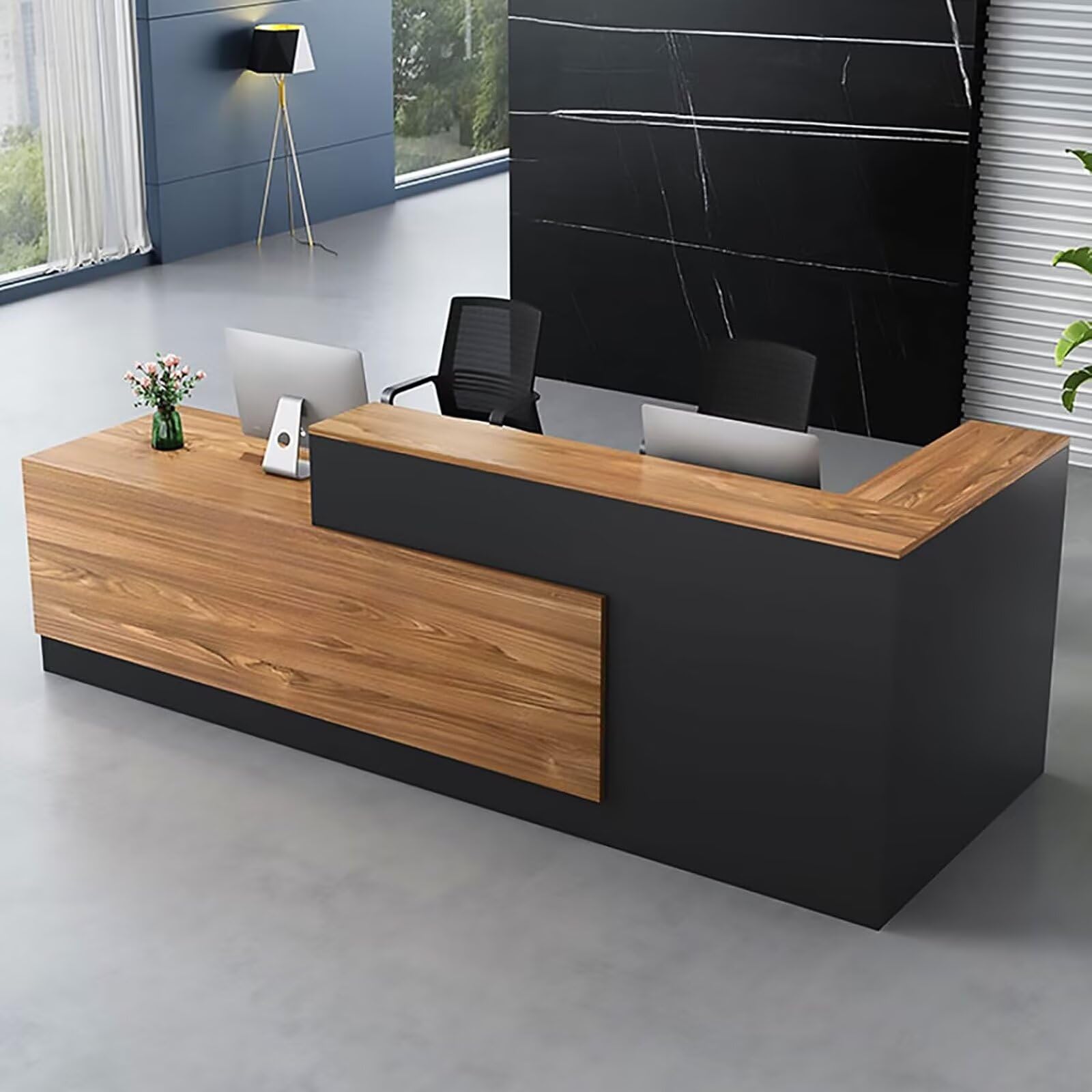 CHARON L-Shaped Reception Desk with Lockable Drawers & Keyboard Tray - 140CM/55IN Open Office Counter for Retail Checkout & Customer Service Areas