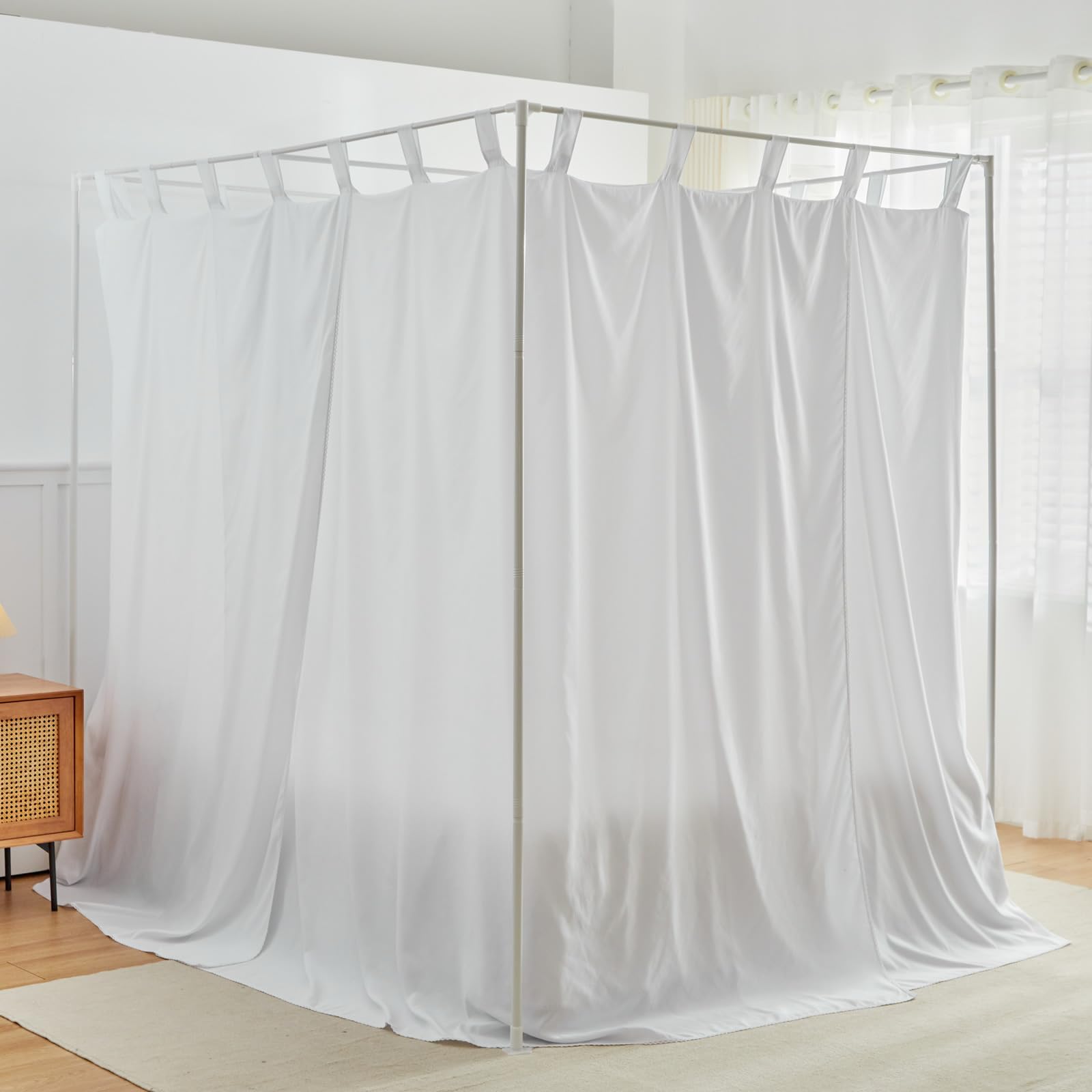 AIKASY White Canopy Bed Curtains with Top Ties & Tie Backs - Windproof & Lightproof Twin Size Bedroom Drapes for Princess Style Decor | Perfect for Girls' Bedrooms, Dorm Rooms & Romantic Wedding Settings
