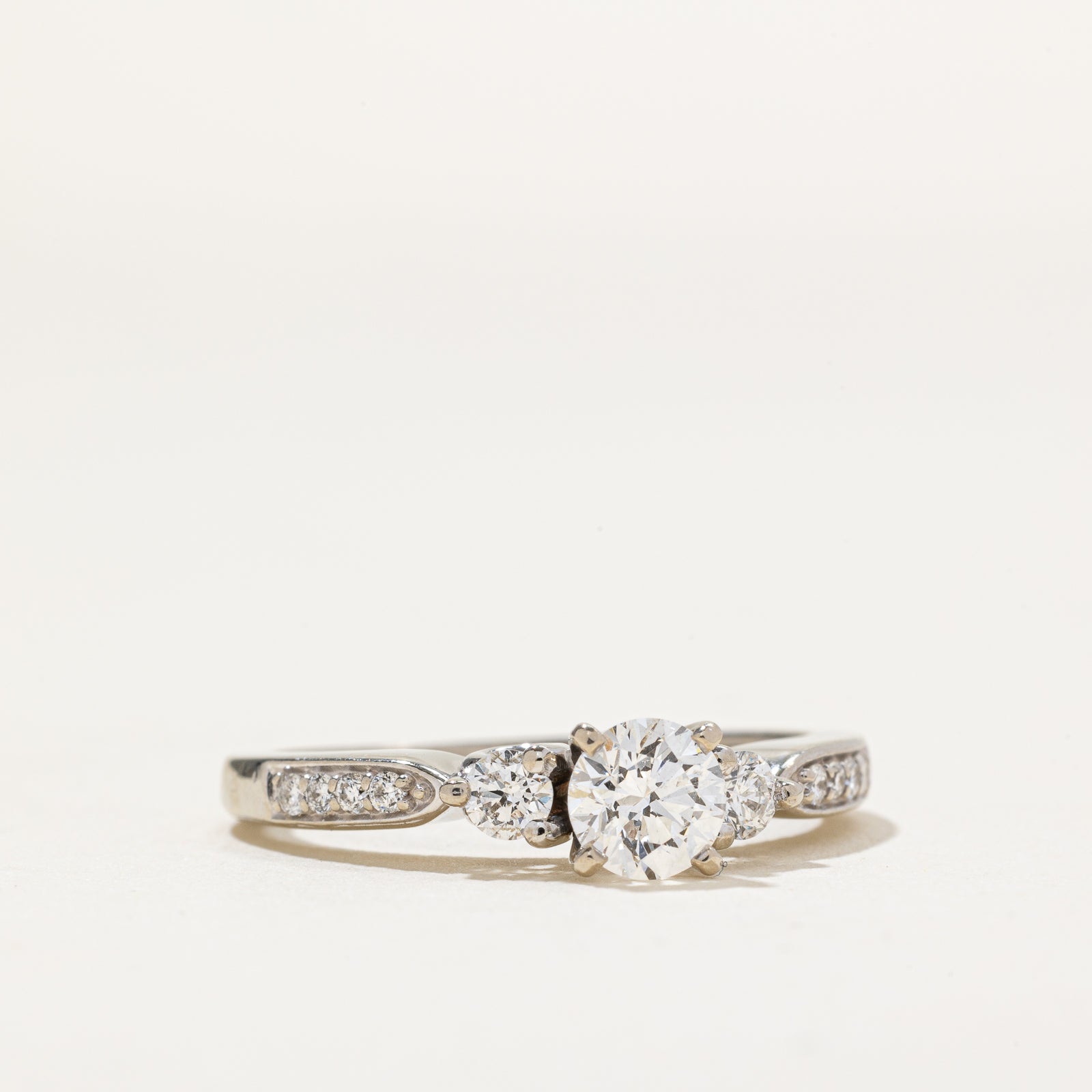 14K Three Stone Diamond Pave Shoulder Ring - 0.67ctw Size 6 | Elegant Engagement, Wedding, Anniversary Jewelry Gift for Women