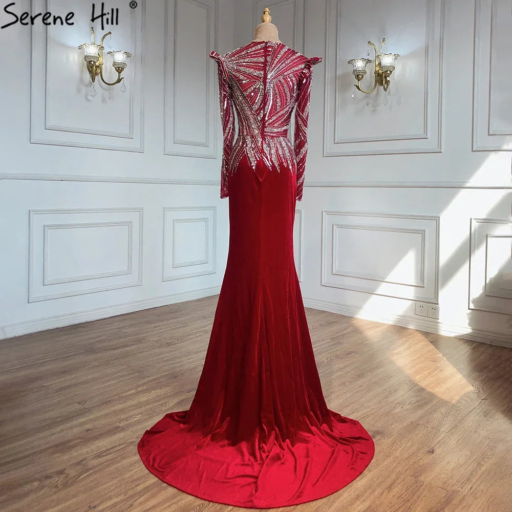 Elegant Velour Muslim Mermaid Evening Gown in Wine Red with Beaded Details - 2025 Women's Party Dress LA71449 | Perfect for Weddings, Galas & Special Occasions