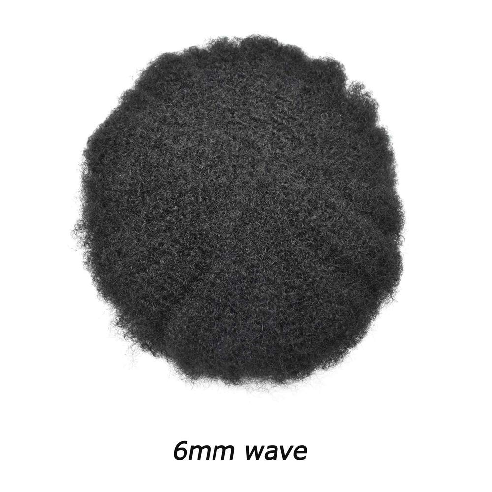 Afro Toupee for Black Men - 6mm Thin Skin Injected PU Kinky Curly Human Hair Replacement System - #1 Jet Black Full Polly Wave Wig - African American Hairpiece for Daily Wear & Special Occasions