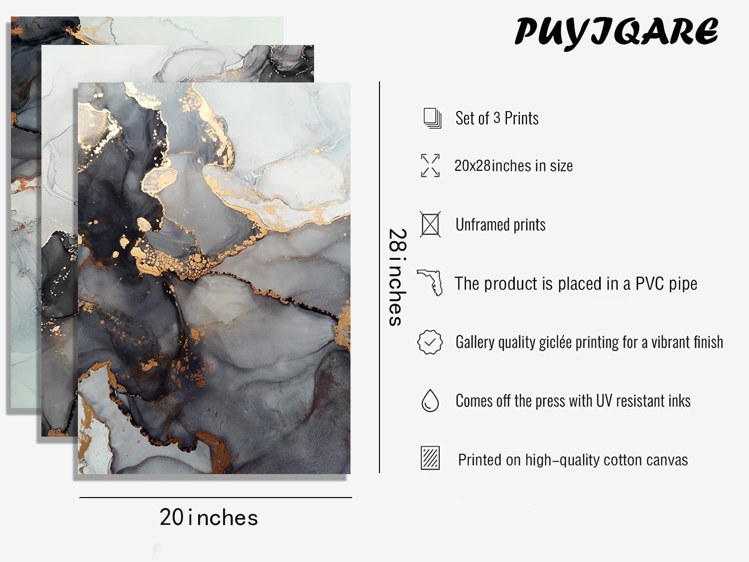 PUYIQARE Gold Black Marble Canvas Poster - Modern Abstract Wall Art Painting, Nordic Style Prints for Living Room & Bedroom Decor - Unframed Wall Picture (20x28 Inch) - Perfect for Home, Office & Gift Giving