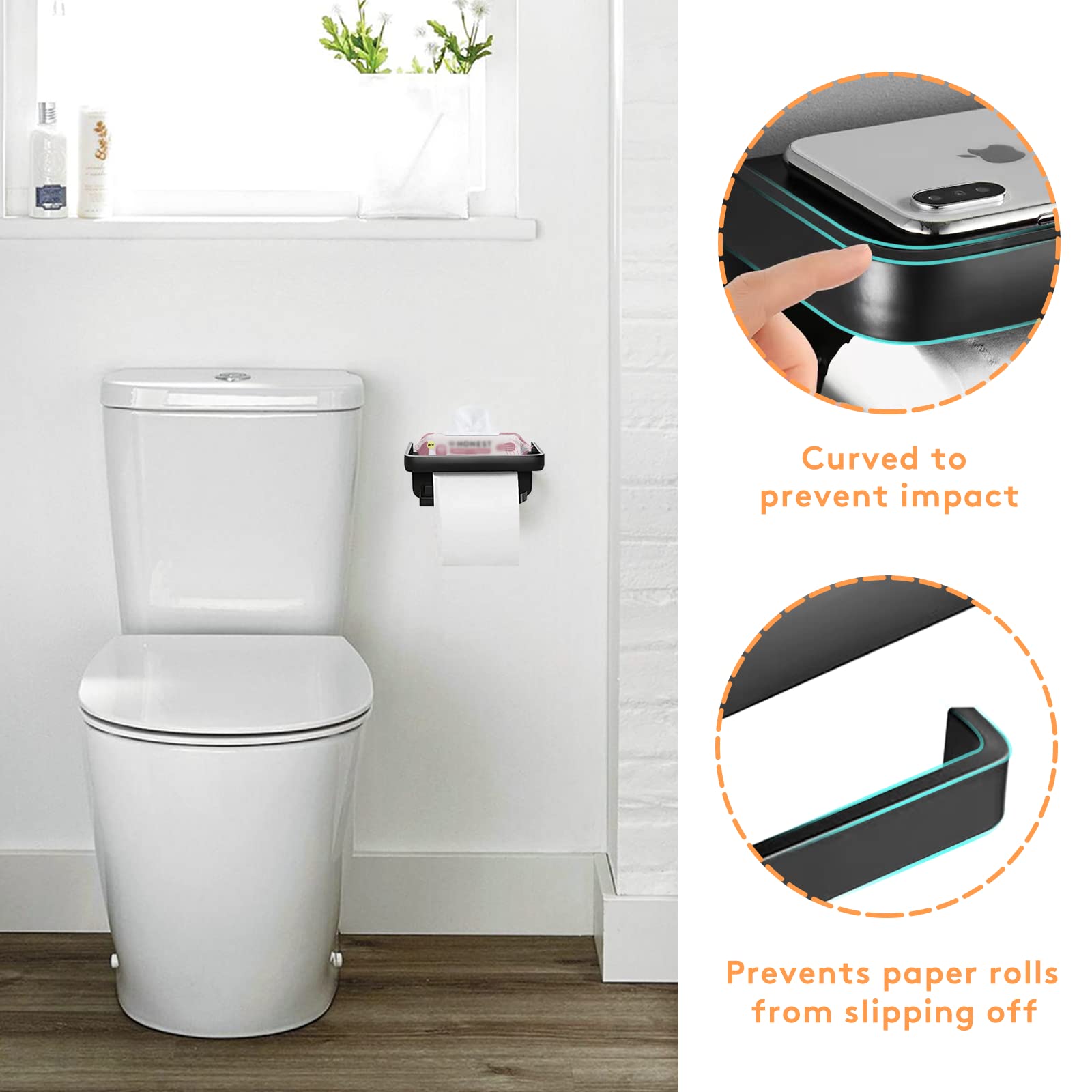 SVOPY Adhesive Toilet Paper Holder with Shelf - Stainless Steel 304, Black Wall-Mounted Bathroom Tissue Roll Holder with Screws for Secure Installation | Perfect for Small Bathrooms, Powder Rooms & RVs