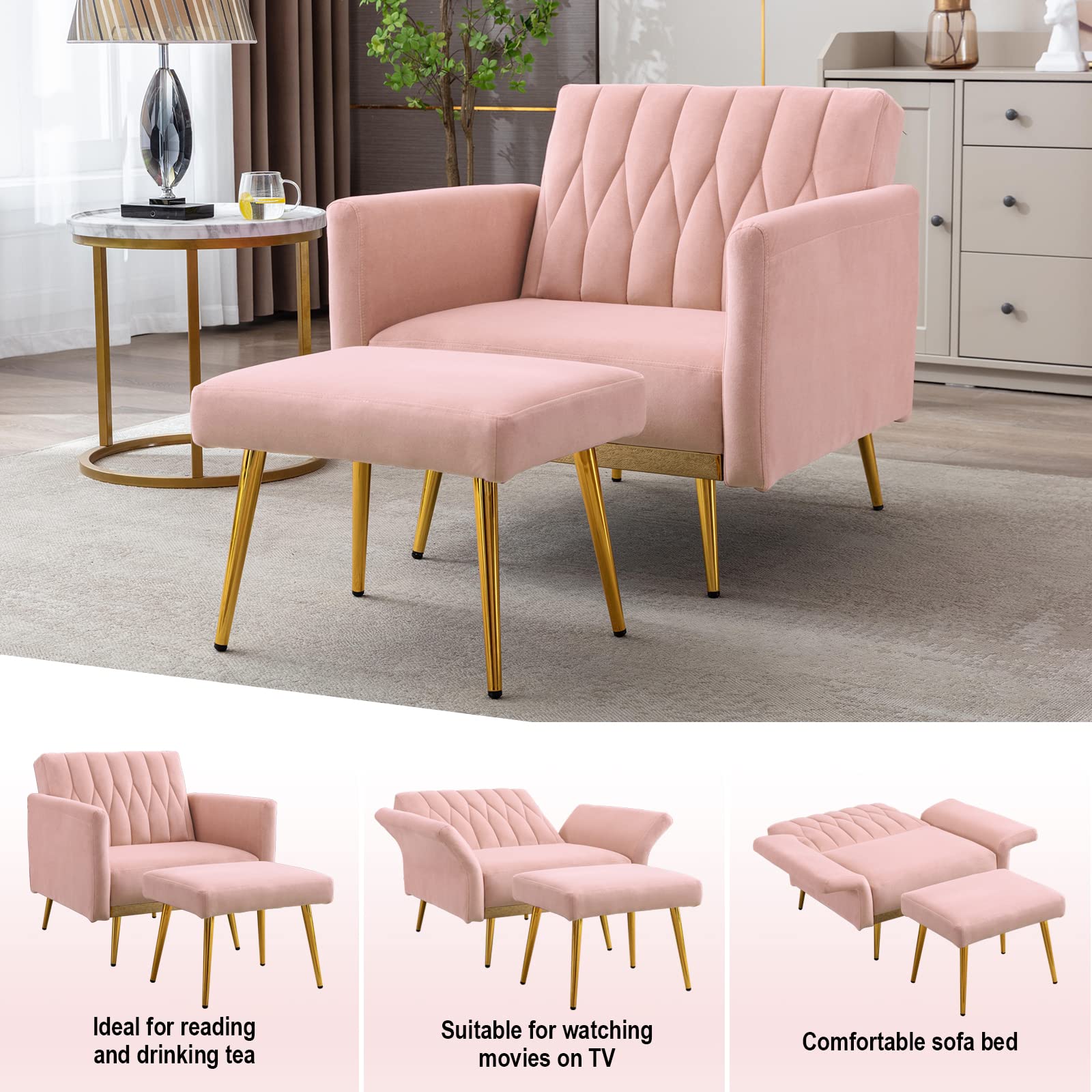 Velvet Tufted Lounge Chair with Ottoman - Adjustable Armrests for Living Room, Bedroom & Office (Pink)