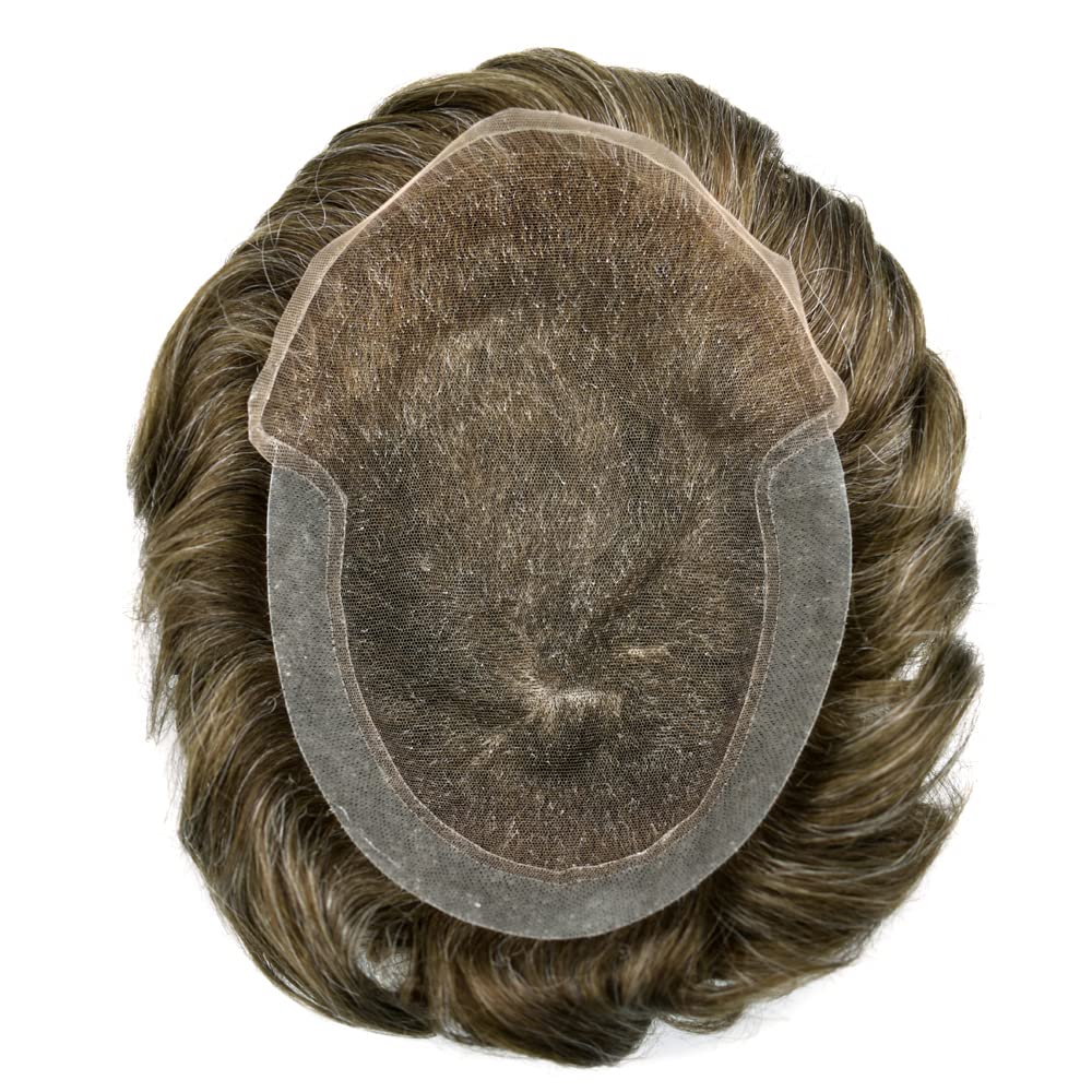 Natural Human Hair Toupee for Men - Swiss Lace Base Hair Replacement System with PU Bleached Knots | 8x10 Inch Light Medium Density (540# Medium Light Brown with 40% Gray) | Perfect for Daily Wear, Special Occasions & Hair Loss Solutions | SINGA HAIR