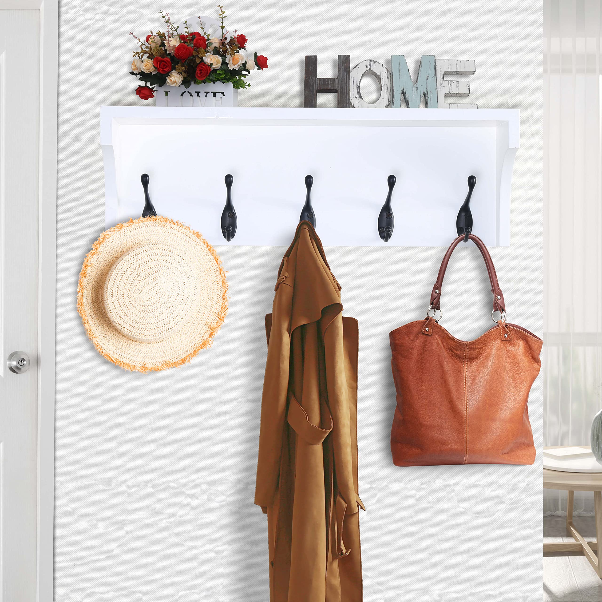 Dseap 17-inch Wall Shelf with 5 Dual Hooks - Heavy Duty Solid Pine Wood Coat Rack with Storage Shelf - Entryway Organizer for Mudroom, Kitchen, Bathroom, Bedroom - Perfect for Hanging Coats, Bags, Towels & Decor (White TEG02B)