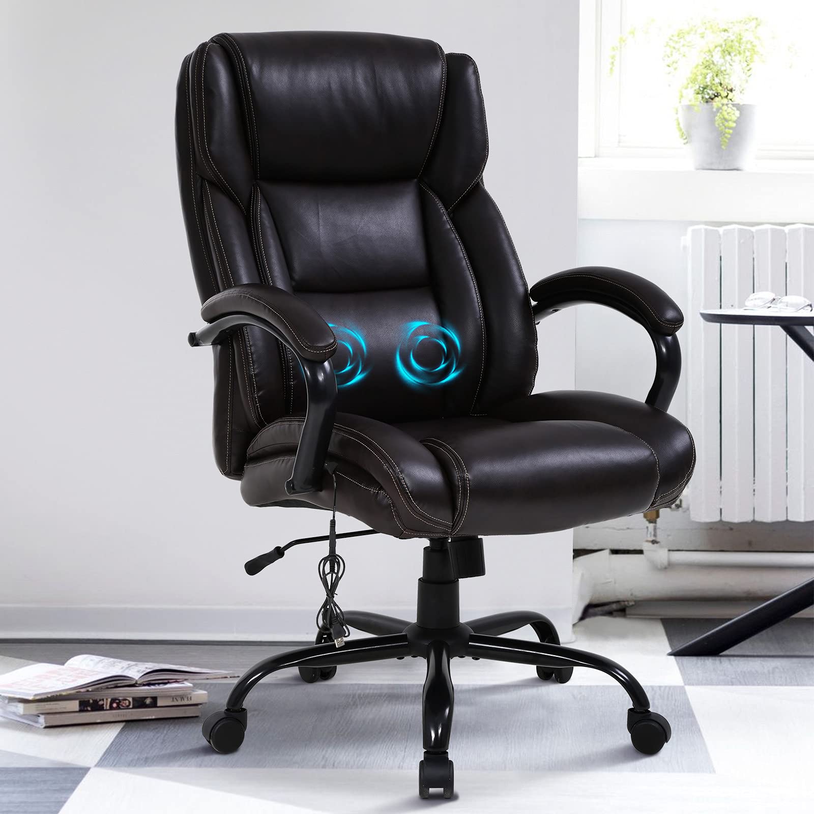 Big and Tall Office Chair Heavy Duty 500 lbs Capacity - Wide Seat Ergonomic Computer Chair with Massage, Padded Armrests & Lumbar Support - Modern Rolling Swivel Desk Chair for Home Office, Gaming & Workspace (Black)