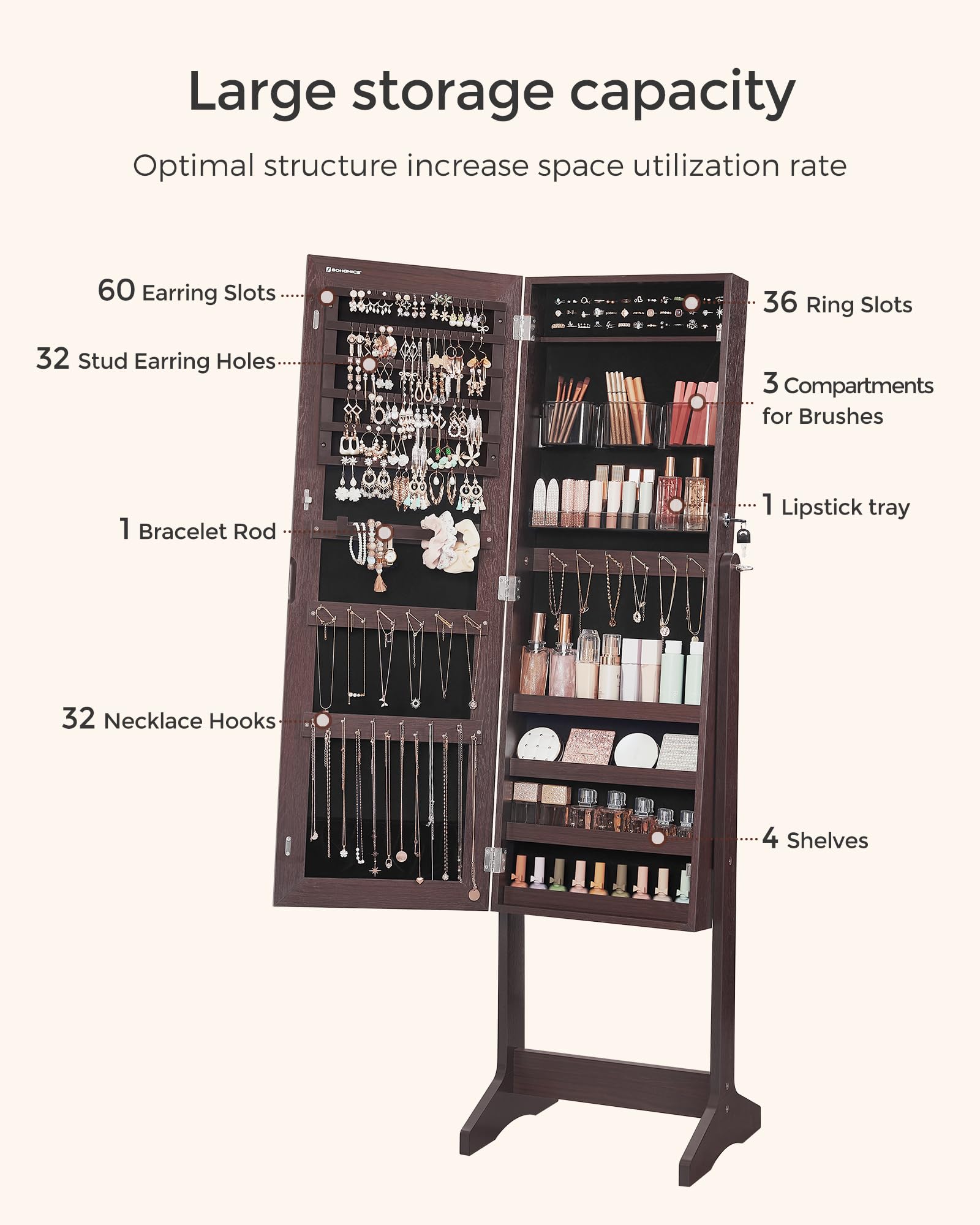 SONGMICS Jewelry Cabinet Armoire with Full-Length Mirror - Freestanding Lockable Jewelry Organizer with 2 Cosmetic Drawers, Necklace & Earring Storage - Brown UJJC002K01 - Perfect for Bedroom, Closet & Dressing Room Organization