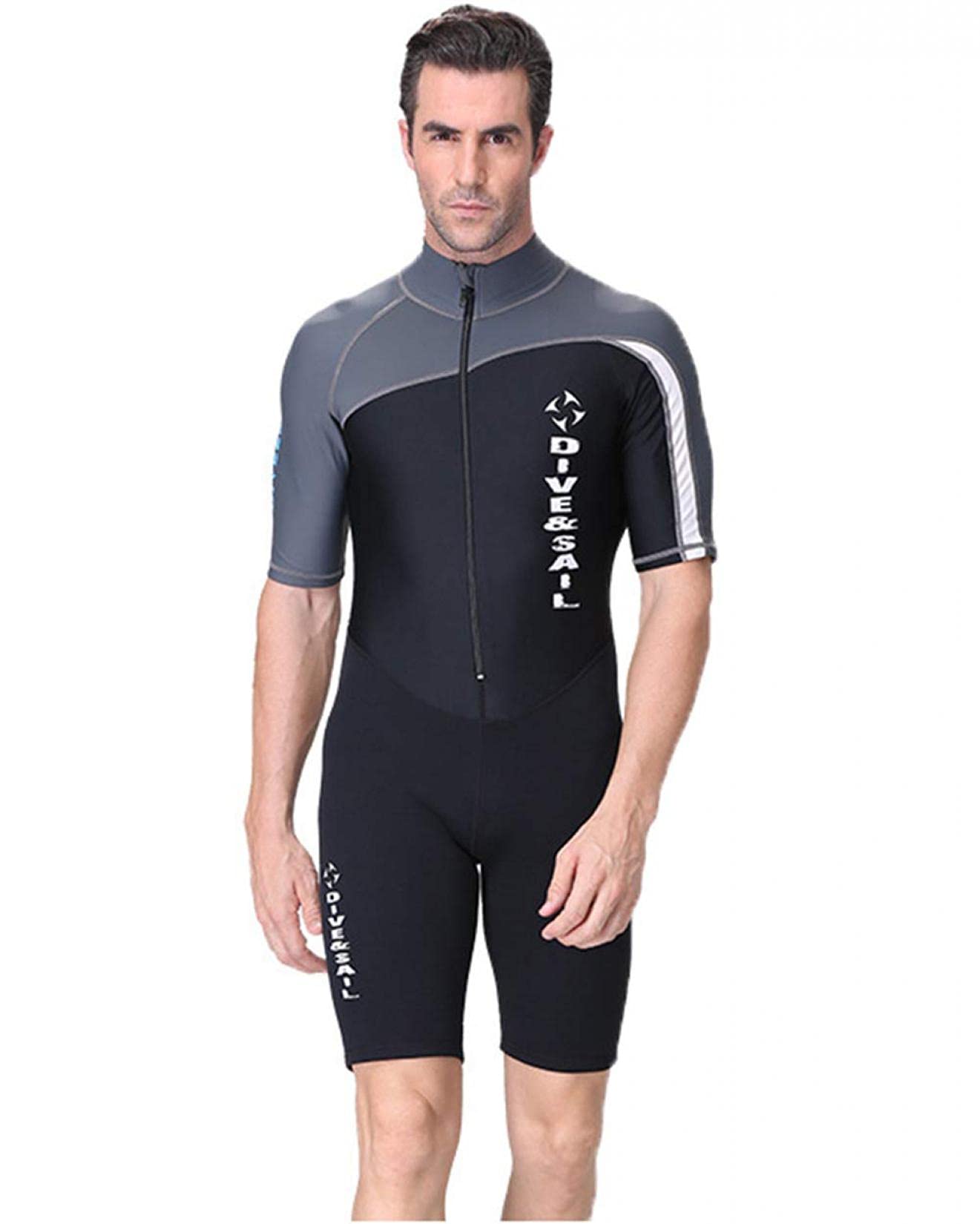 **Men's Short Sleeve One Piece Wetsuit for Swimming, Surfing, Diving & Water Sports - Breathable & Flexible Neoprene Wetsuit - Grey, Size M - Perfect for Beach, Pool & Outdoor Adventures**