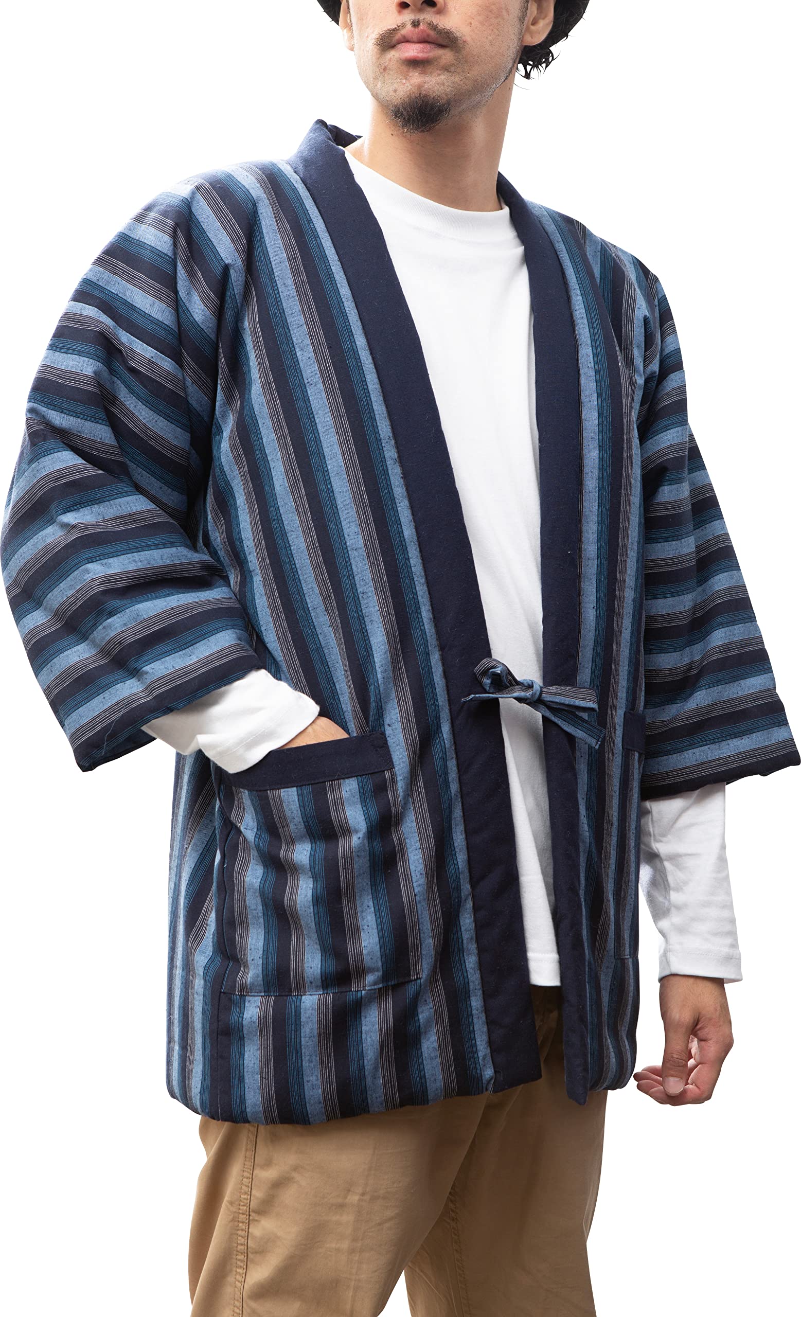 Japanese Vertical Stripe Hanten Jacket - Traditional Men's Kimono Style Coat (M-L Size) | Imported from Japan | Perfect for Loungewear, Cultural Events & Cosplay