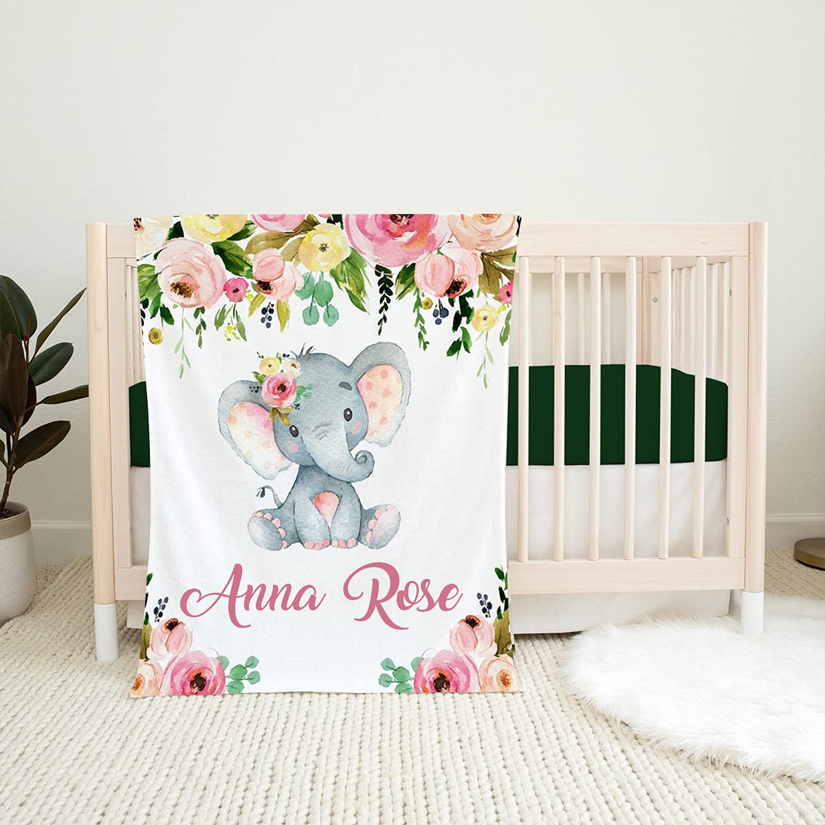 Custom Personalized Baby Girl Blanket with Name - Floral Elephant Design Soft Baby Blanket for Newborn Nursery, Christening Gift & Photo Props - 100% Cotton Baby Bedding Blanket
