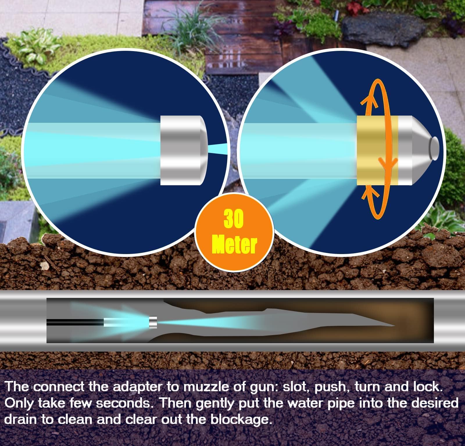 100 FT Sewer Jetter Kit for Pressure Washer - 5800PSI High-Pressure Water Drain Cleaner Hose with 1/4 Inch NPT Corner & 4 Jetting Nozzles - Includes Pearl Corsage Pin, Waterproof Tape, Handle Strap & 2 Spanners (Blue) - Perfect for Clogged Drains, Sewer Lines & Pipe Cleaning