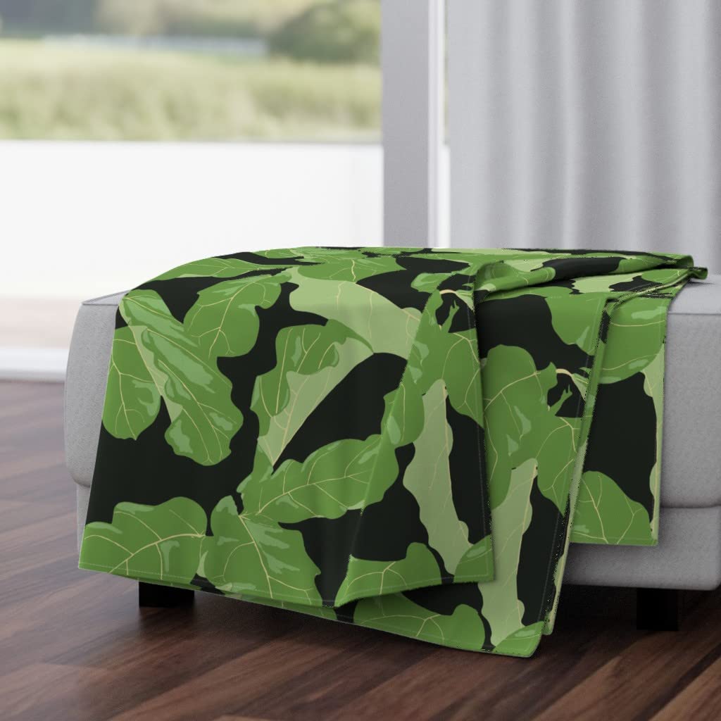 Soft Plush Minky Throw Blanket 50x70 Inches - Fiddle Leaf Fig Botanical Print in Black & Green Vintage Leaves Design | Cozy Home Decor, Perfect for Sofa, Bed, Beach & Gift Giving