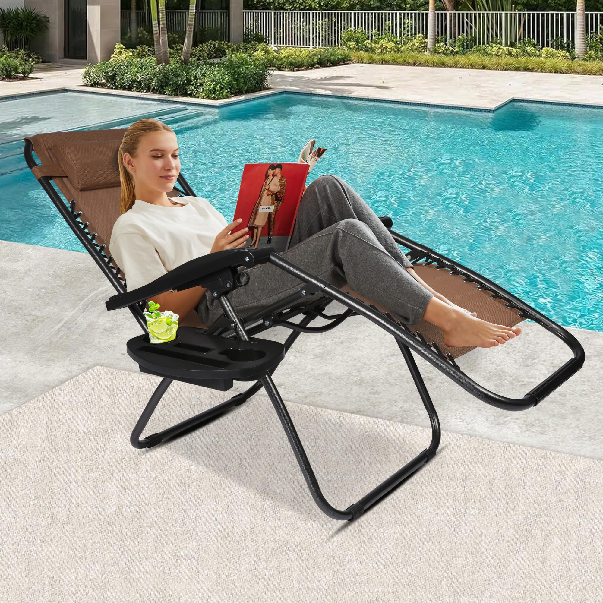 LUCKYERMORE Adjustable Textilene Zero Gravity Chairs Set of 2 - 300LB Capacity Outdoor Folding Recliners with Pillow, Portable Patio Lounge Chairs for Poolside, Beach, Backyard & Garden Relaxation (Brown) - Perfect for Sunbathing, Reading and Outdoor Napping