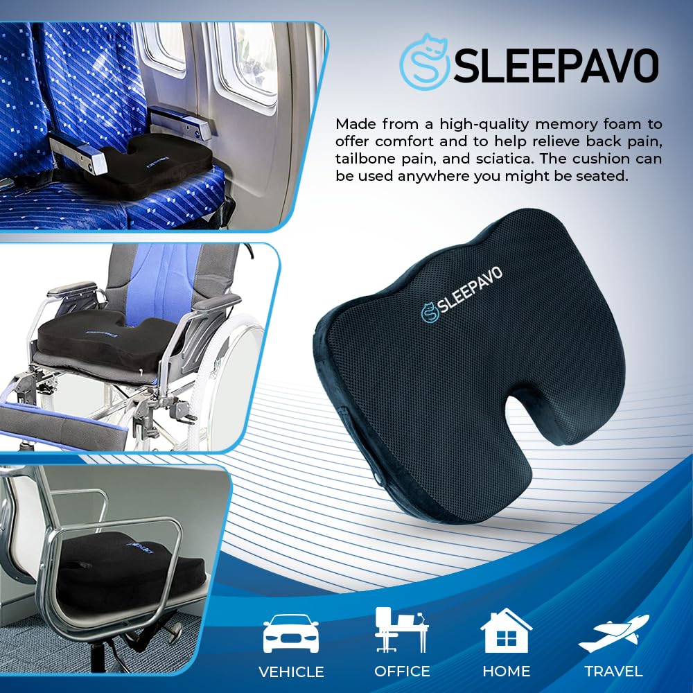 Sleepavo Orthopedic Seat Cushion for Tailbone Pain Relief - Coccyx & Sciatica Support Pillow - Office Chair, Car & Airplane Lumbar Support Pad - Ideal for Desk Work, Long Drives & Travel Comfort