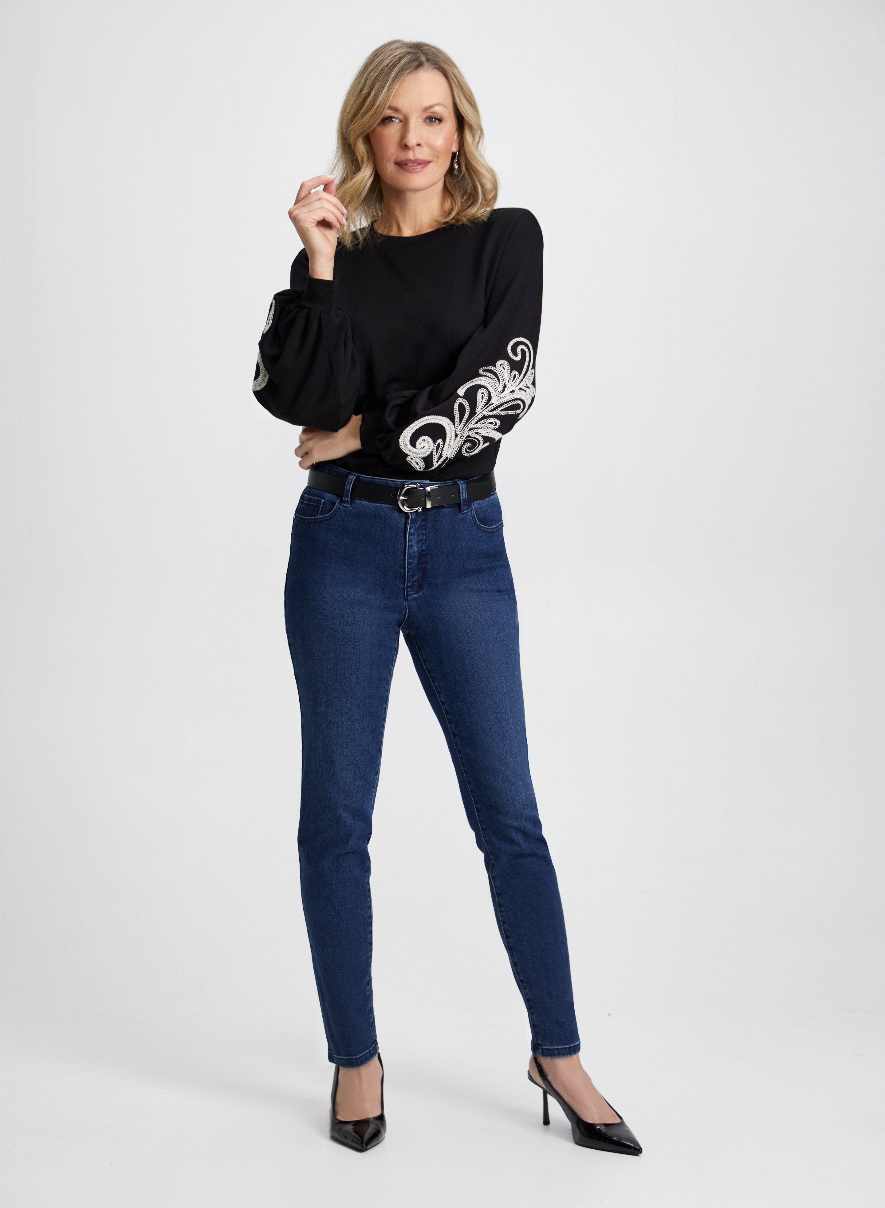 Stylish Embroidered Top & Slim Leg Jeans for Women | Trendy Casual Outfit for Everyday Wear, Date Night & Office