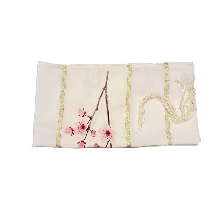 Cherry Blossom Silk Tallit for Girls - Elegant Bat Mitzvah Prayer Shawl with Tzitzit - Perfect for Jewish Coming of Age Ceremonies & Synagogue Services