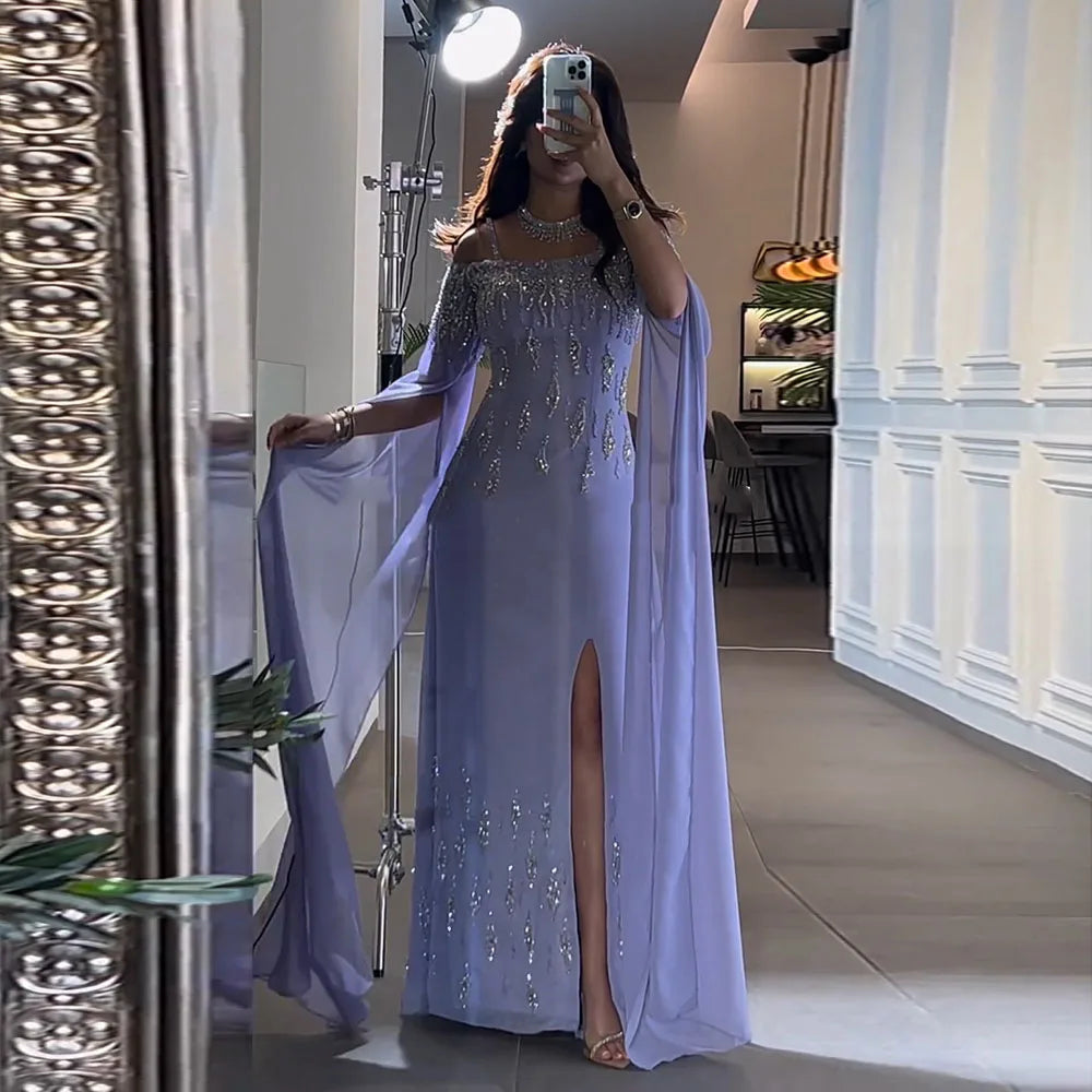 Elegant Lilac Mermaid Evening Dress with Cape Sleeves - Luxury Wedding Party Gown LA72407 for Prom, Bridal Shower & Formal Events