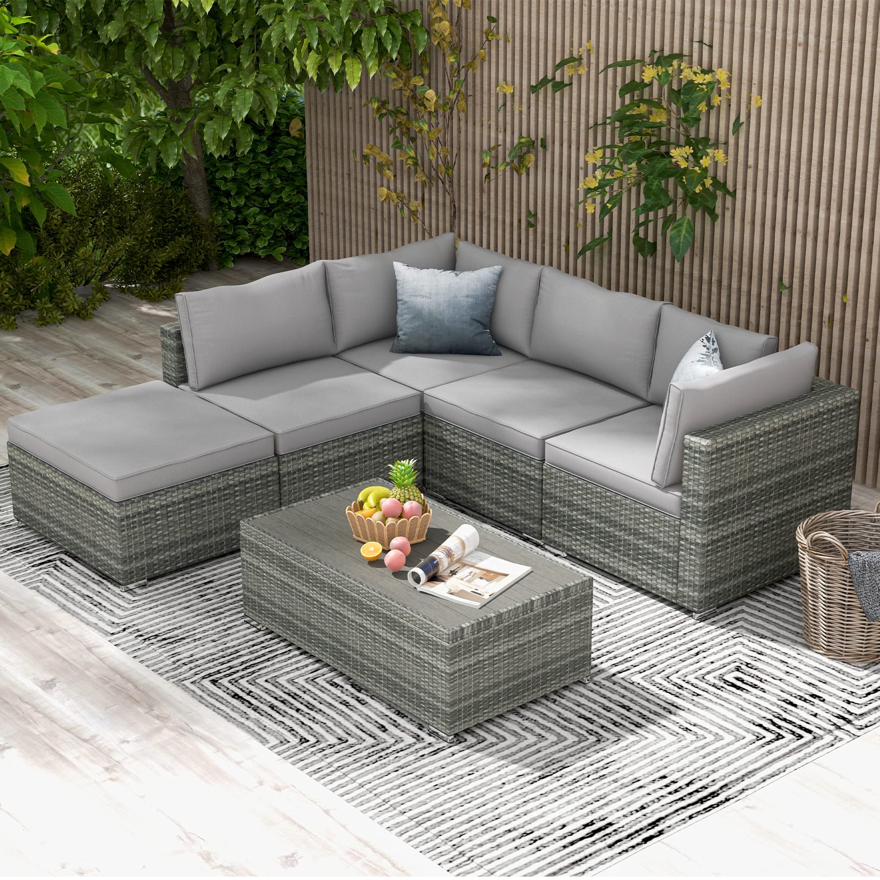 6-Piece All-Weather Outdoor Patio Furniture Set - Grey Rattan Sectional Sofa with Non-Slip Cushions, Manual Weaving Conversation Set for Backyard, Poolside, Garden & Deck - Perfect for Relaxing, Entertaining & Outdoor Lounging