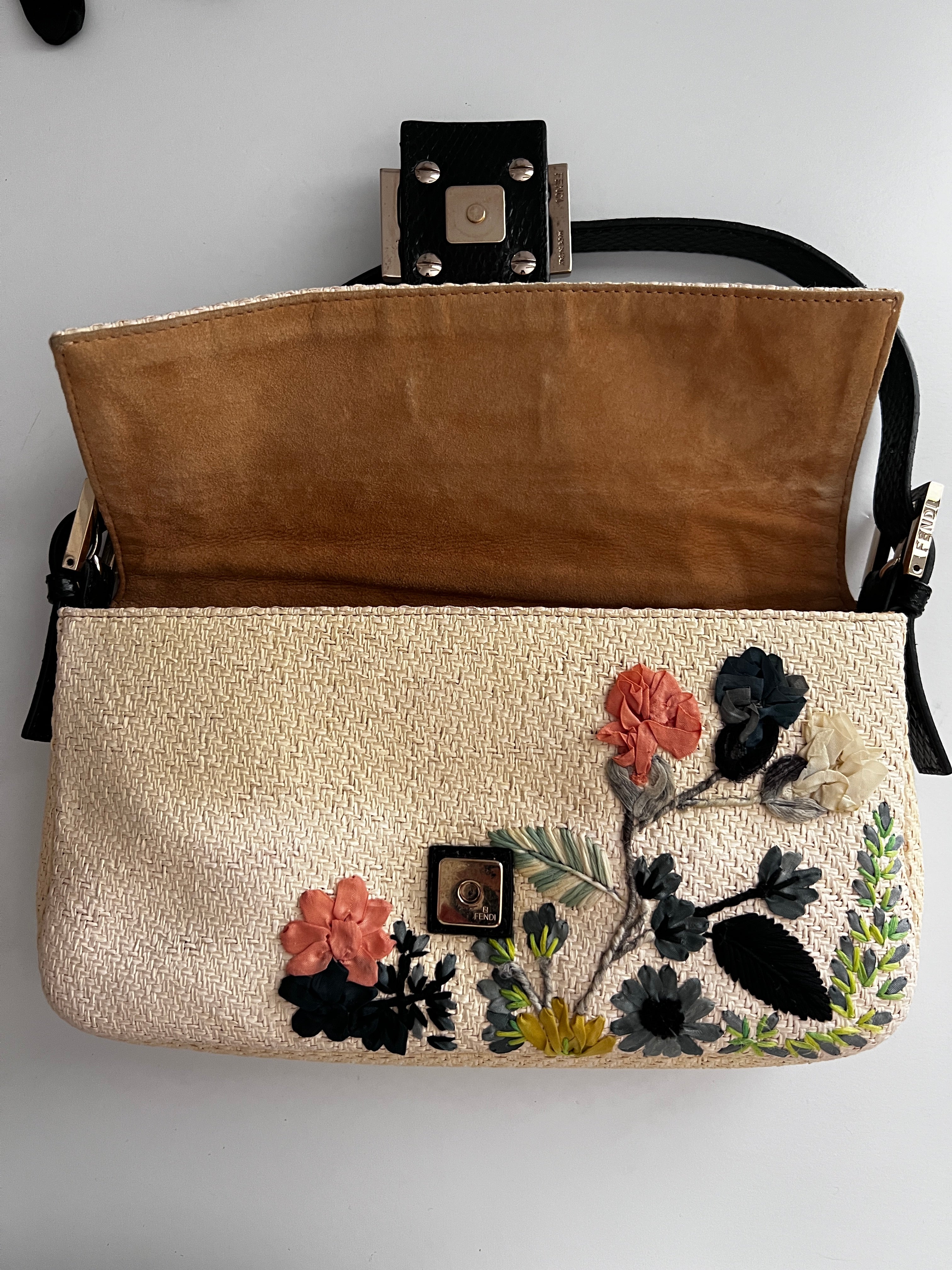 Fendi Raffia Floral Embroidered Baguette Bag - Luxury Designer Handbag for Women, Perfect for Summer Outings & Beach Vacations