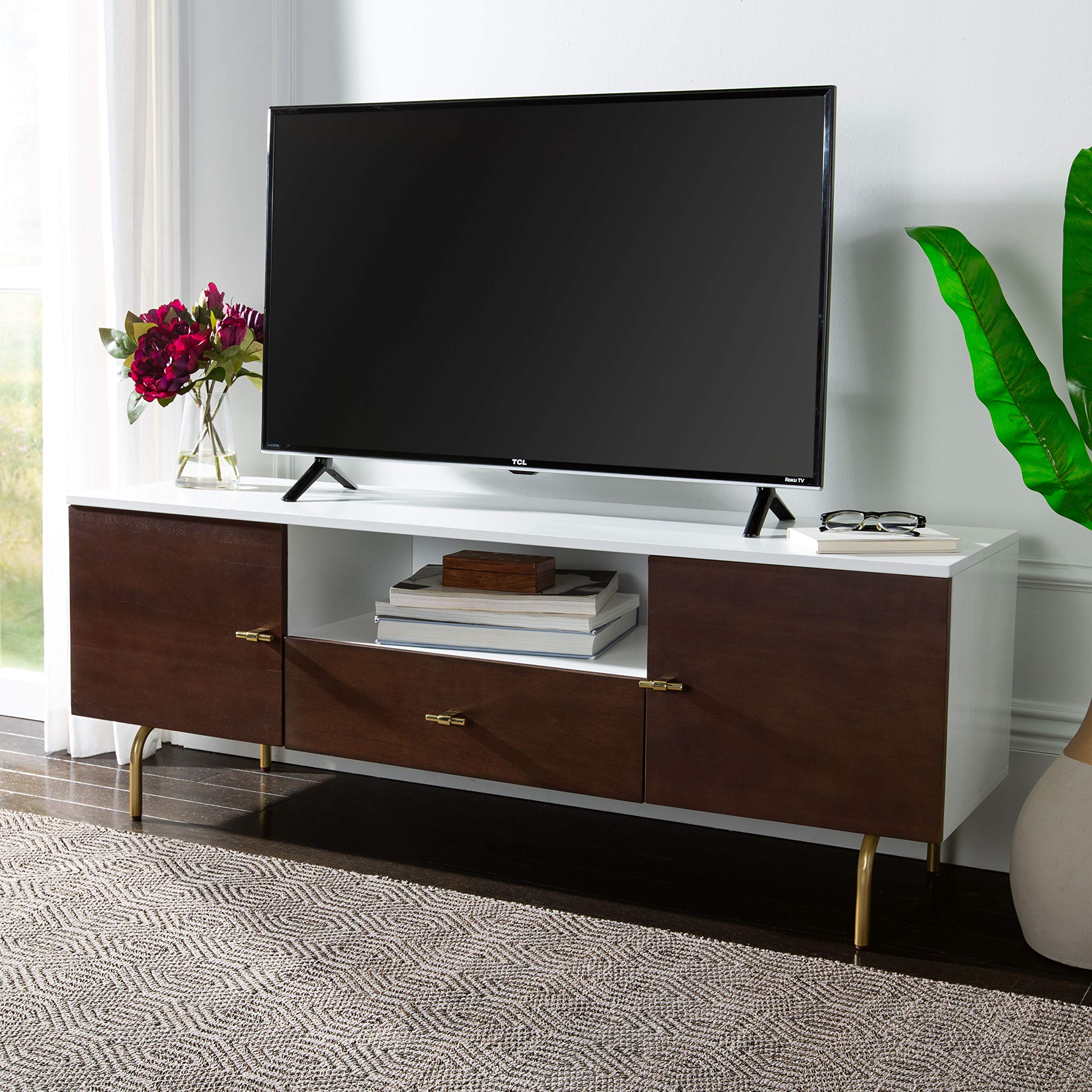Safavieh Genevieve Mid-Century Modern TV Stand - Walnut & White Storage Media Console for Living Room, Bedroom, Home Theater