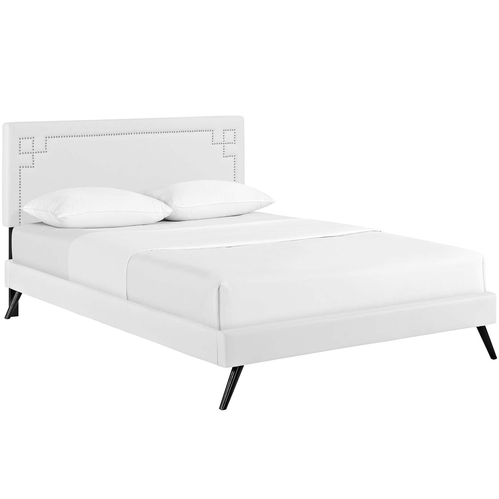 Modway Ruthie White Faux Leather Upholstered Full Size Platform Bed Frame with Splayed Legs - Modern Bedroom Furniture for Small Spaces & Guest Rooms