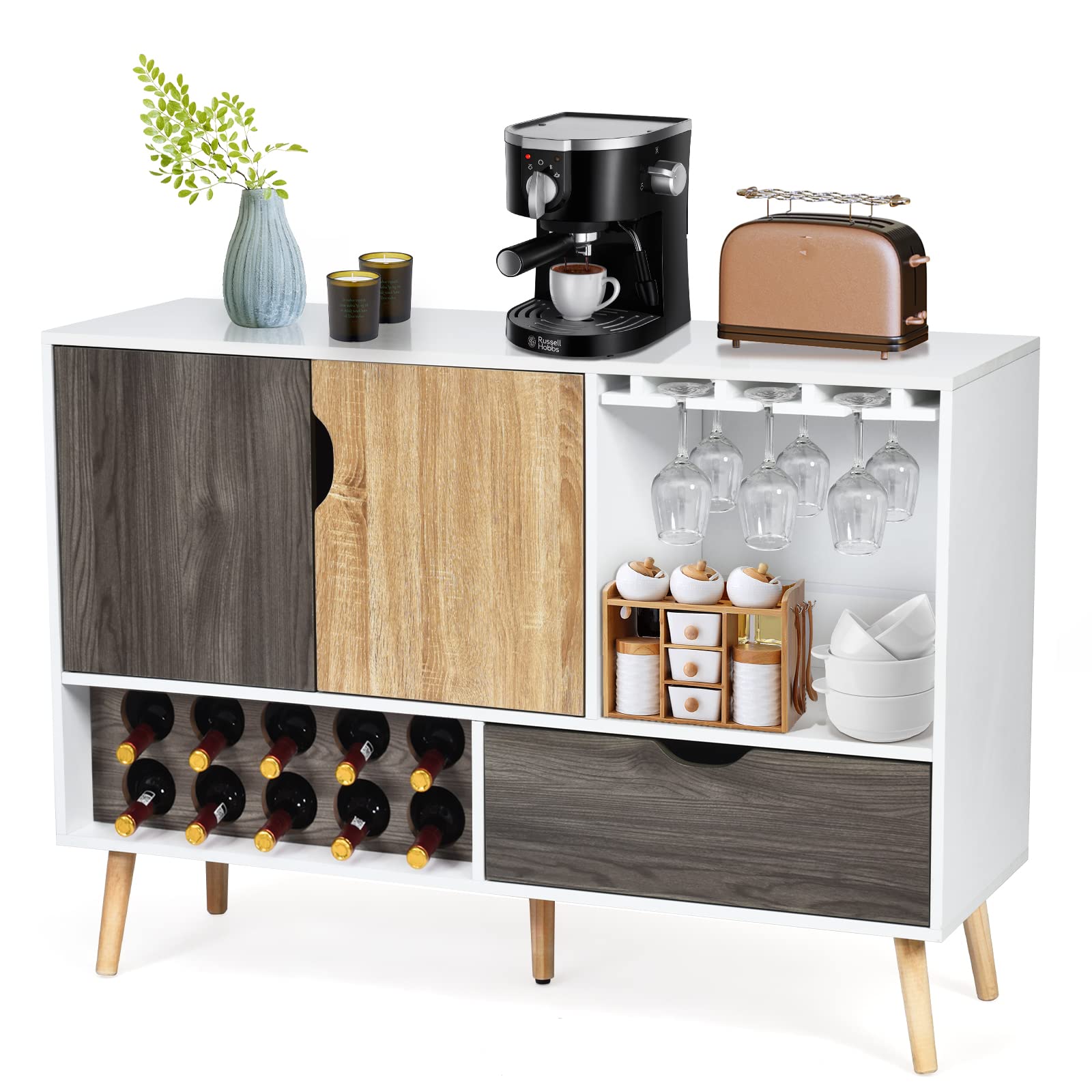 COSTWAY Buffet Sideboard & Coffee Bar Cabinet with 10-Bottle Wine Rack, Glass Holder, Storage Door & Drawer - 5 Solid Wood Legs - Perfect for Kitchen, Living Room, Dining Room & Home Bar Organization