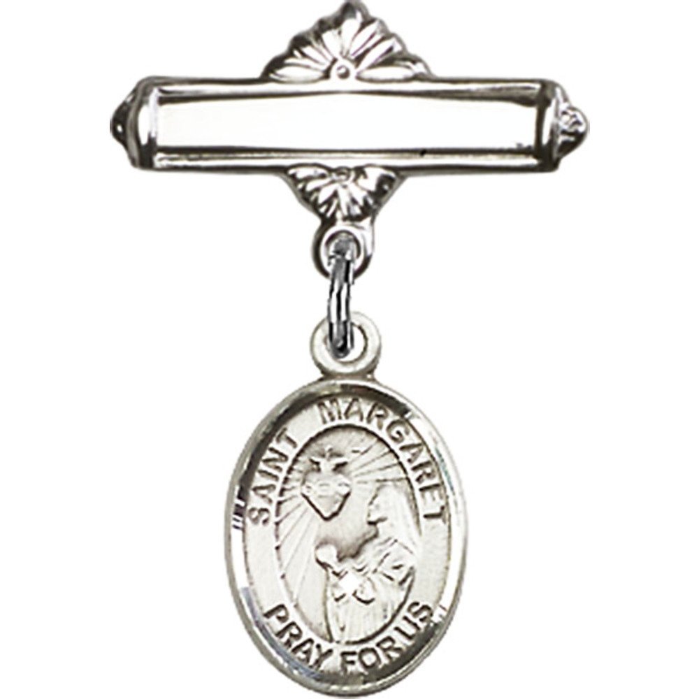 St. Margaret Mary Alacoque Sterling Silver Baby Badge Charm - 1 X 5/8 Inch Polished Pin - Religious Jewelry for Baptism, First Communion & Christening Gifts