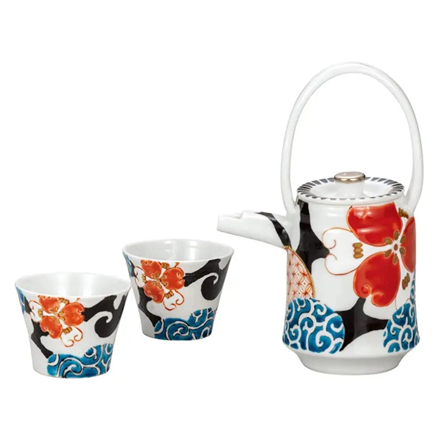 Premium Kutani Ware Porcelain Sake Set - Iroehana Karakusa Floral Design - Authentic Japanese Ceramic Sake Bottle & Cups Gift Set for Home Dining, Traditional Tea Ceremony & Asian Culture Enthusiasts