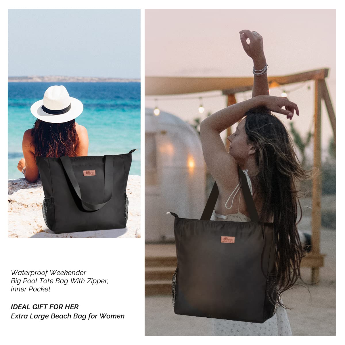 Burninger Large Waterproof Beach Bag for Women - Sandproof Tote with Zipper & Multiple Pockets - Perfect for Pool, Travel, Gym, Vacation & Outdoor Activities