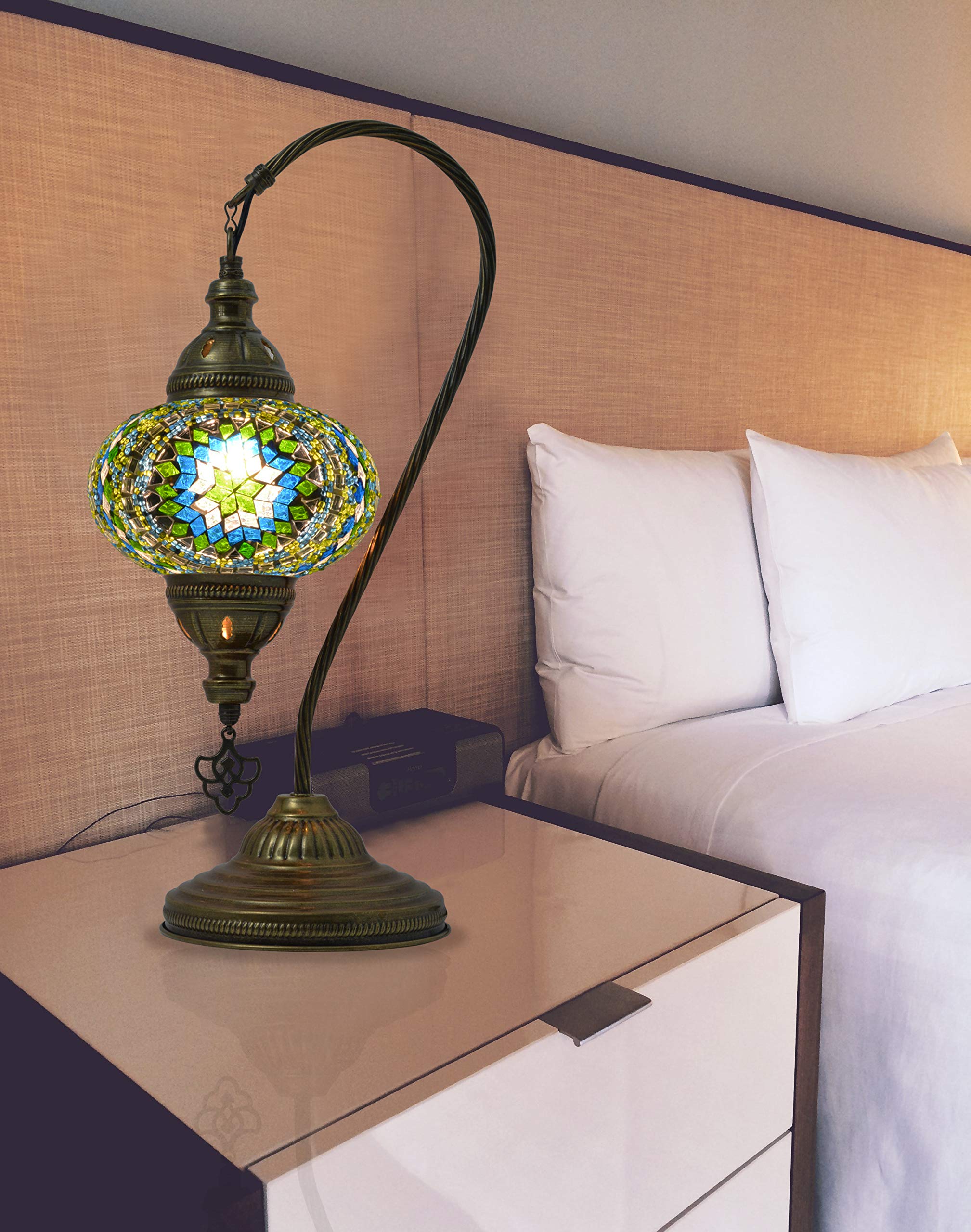 Mozaist Turkish Mosaic Table Lamp - Swan Neck Moroccan Stained Glass Tiffany Style Desk & Bedside Lamp with US Plug & E12 Socket | Perfect for Home Decor, Living Room, Bedroom & Office Lighting