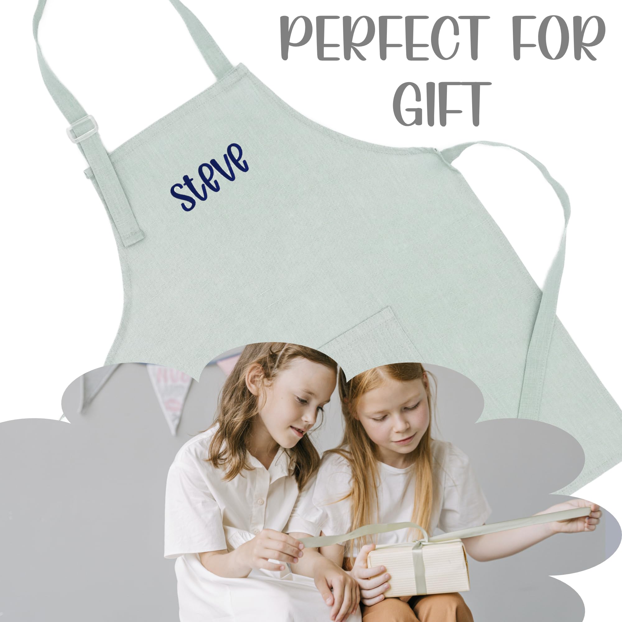Personalized Kids Apron with Embroidered Name - 100% Linen Chef Apron for Cooking, Baking & Art Painting - Cute Chef Costume for Toddlers & Children - Perfect for Birthday Parties, Kitchen Play & Preschool Activities (Small, Mint Green)