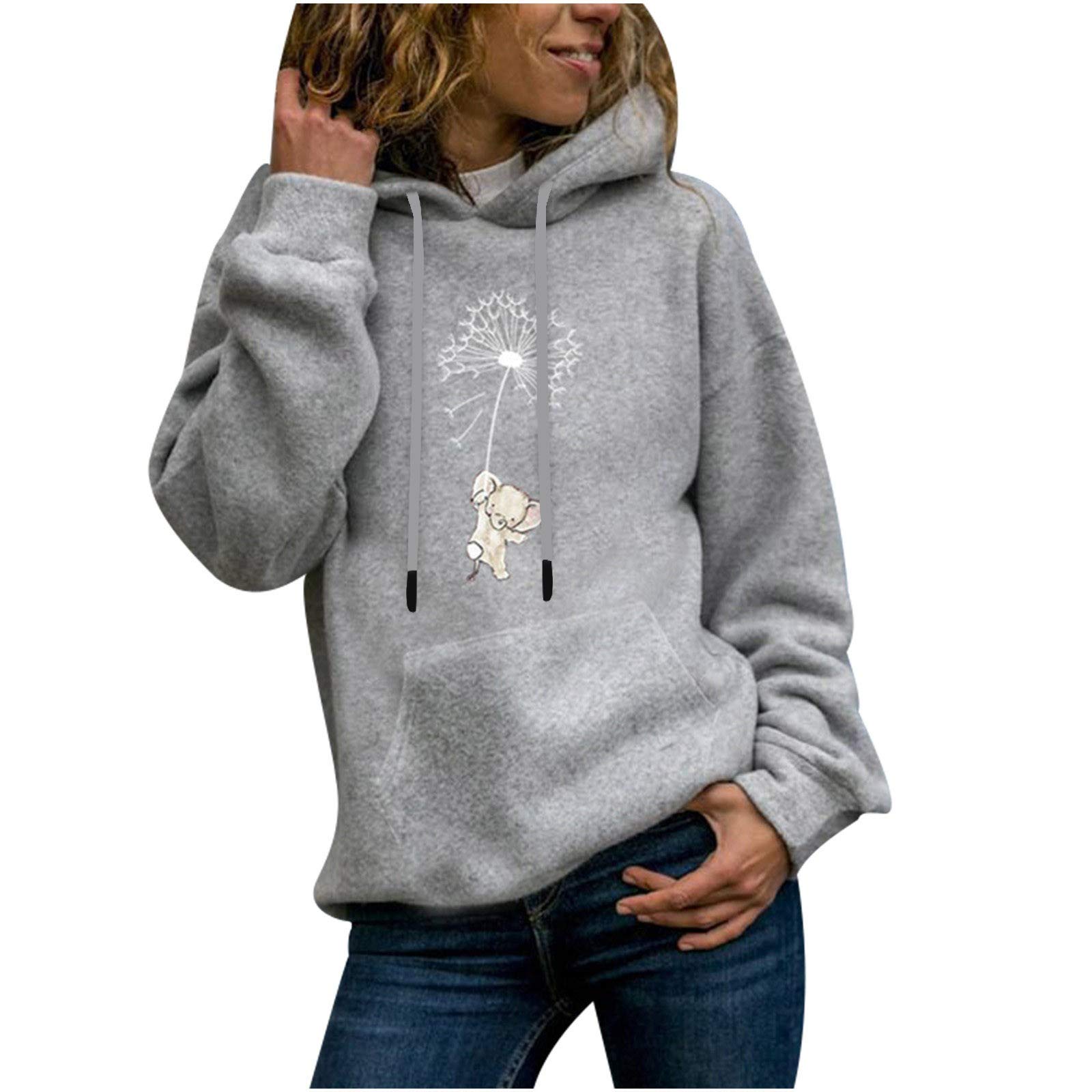 Women's Casual Long Sleeve Hooded Sweatshirt - Plus Size Pullover with Cute Dandelion Animal Print | Cozy Loungewear & Streetwear Fashion Top