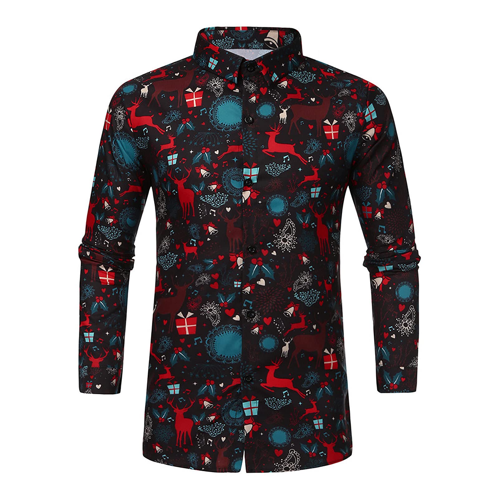 2021 Christmas Men's Dress Shirts - Santa & Snowflake Print Business Casual Long Sleeve Shirts with Lapel Buttons | Holiday Office Party & Family Gathering Attire
