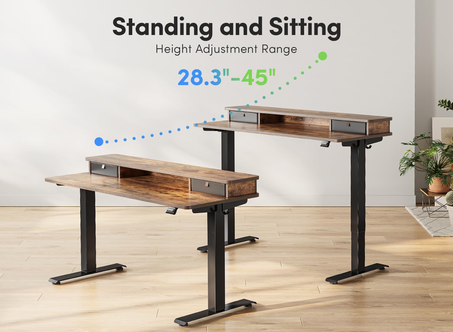 FEZIBO 55 x 24 Inch Electric Standing Desk with Double Drawers & Storage Shelf - Height Adjustable Sit Stand Workstation, Black Frame & Rustic Brown Top for Home Office, Gaming & Study