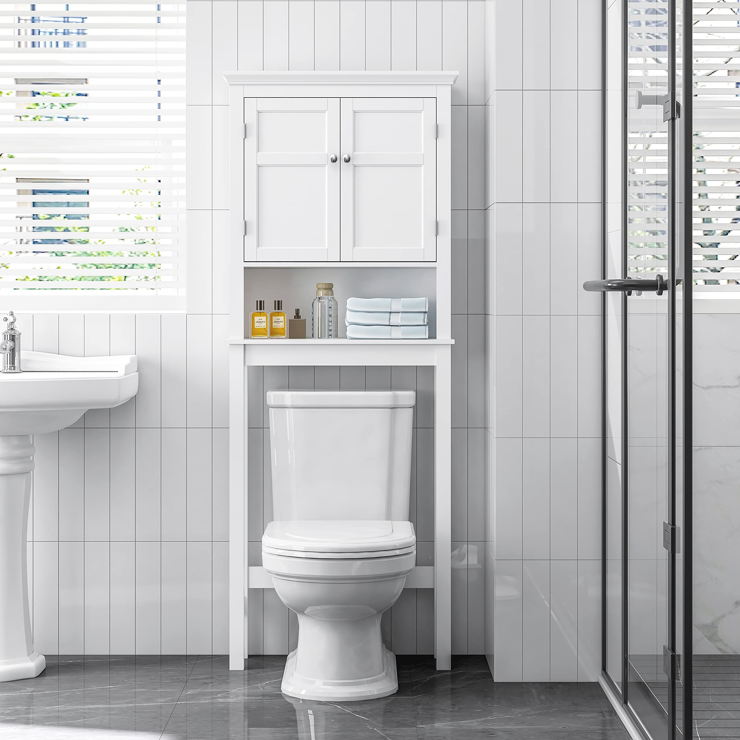 UTEX Over The Toilet Storage Cabinet - Adjustable Shelf Bathroom Organizer with 3-Tier Shelves, White Space Saver for Small Bathrooms | Perfect for Towel, Toilet Paper & Cosmetic Storage