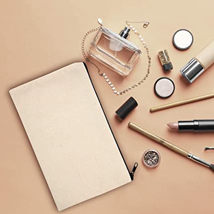 DIY Natural Cotton Canvas Makeup Pouch - Blank Zippered Toiletry Bag for Travel, Stationery & Crafts | Eco-Friendly Pen Pencil Case | Perfect for School, Office & Gift Giving (White, Pack of 8)
