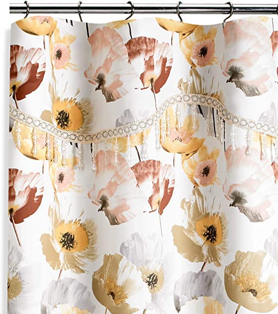 Zahari Home 13-Piece Poppy Fields Bathroom Shower Curtain Set - Yellow Floral Shower Curtain with 12 Hooks, Luxury Modern Design for Bathroom Decor - Perfect for Home, Apartment, and Hotel Use