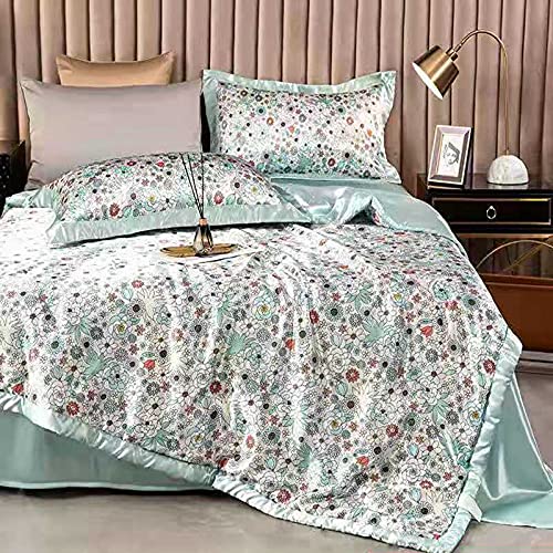 YHWW Summer Quilt Set - 1 Piece Ice Silk Cooling Thin Blanket for Office Nap & Knee Cover | Washable Duvet for Adults & Kids | 180x200cm Green Three Flowers Design | Perfect for Home, Office & Travel Use