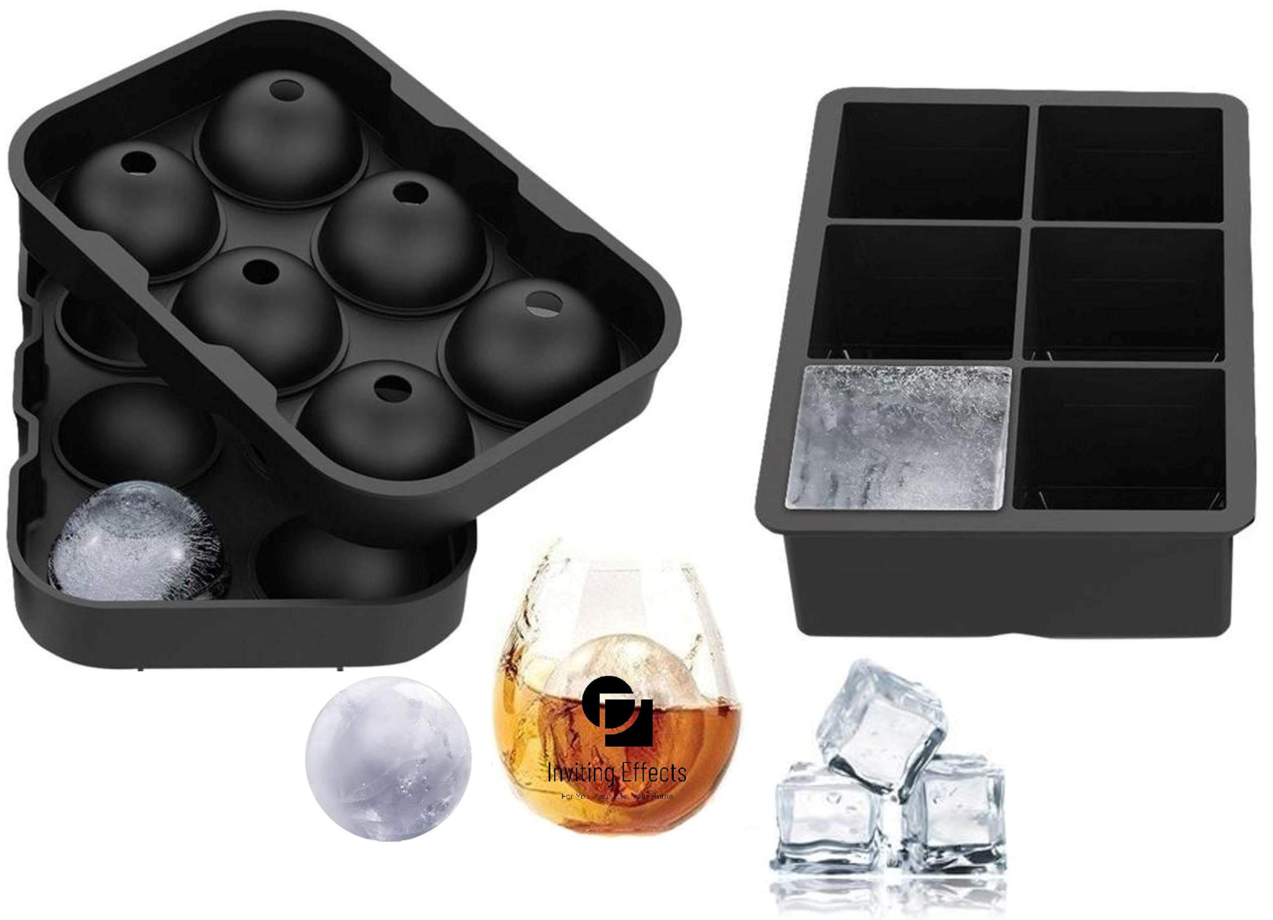 Premium Silicone Ice Cube & Ice Ball Mold Set of 2 with Lids - Large Reusable Freezer Trays for Cocktails, Whiskey, Beverages & Party Drinks