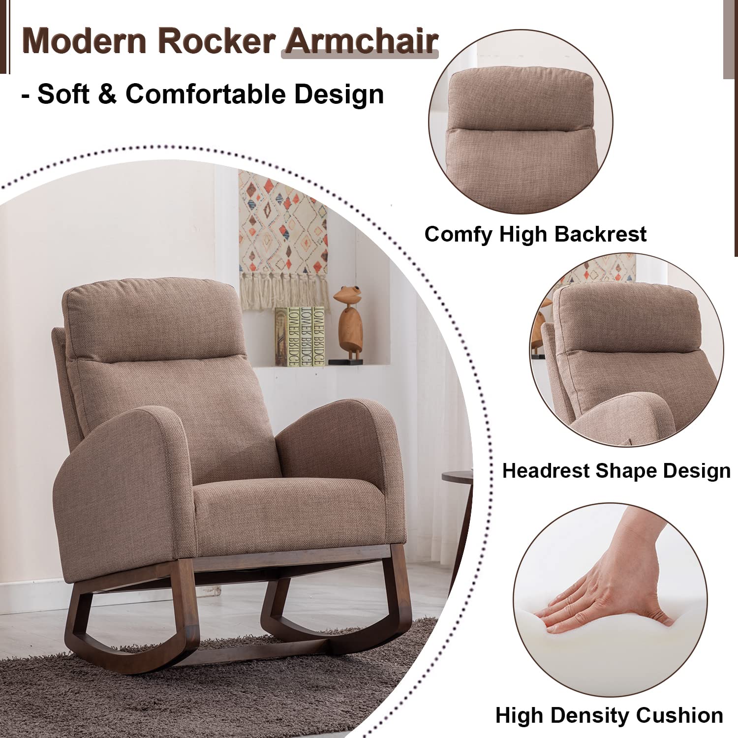 Antetek Modern Upholstered Rocking Chair - Nursery Glider Rocker with Side Pocket, Comfortable High Back Armchair with Headrest for Living Room, Bedroom & Nursery - Perfect for Breastfeeding, Reading & Relaxing (Camel)