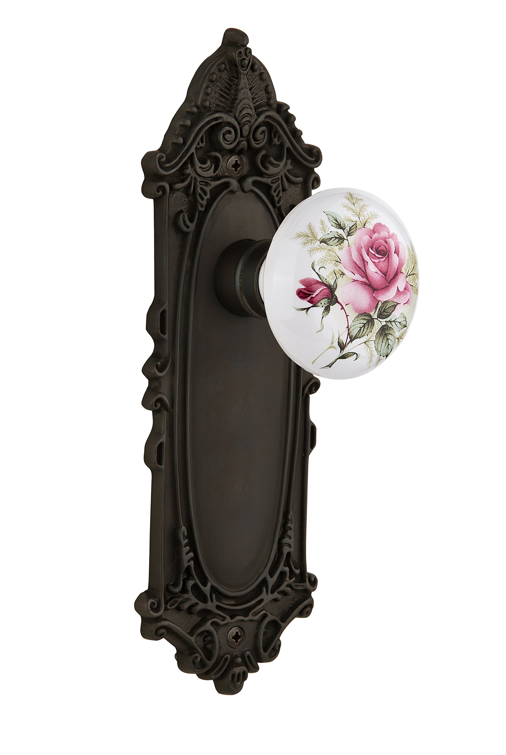 Vintage Victorian Cabinet Plate with White Rose Porcelain Knob - Double Dummy Door Handle in Oil Rubbed Bronze Finish | Perfect for Antique Furniture Restoration & Classic Home Decor