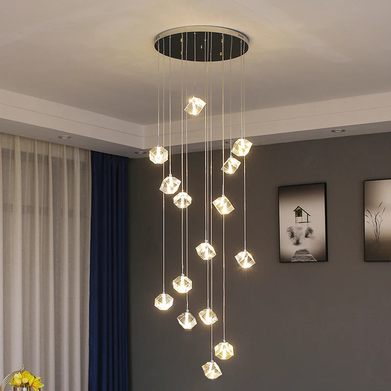 Modern Crystal Square Chandelier - Elegant Lighting Fixture for Staircase, Foyer, Dining Room & Living Room Decor | Dimmable LED Ceiling Light for Home & Office